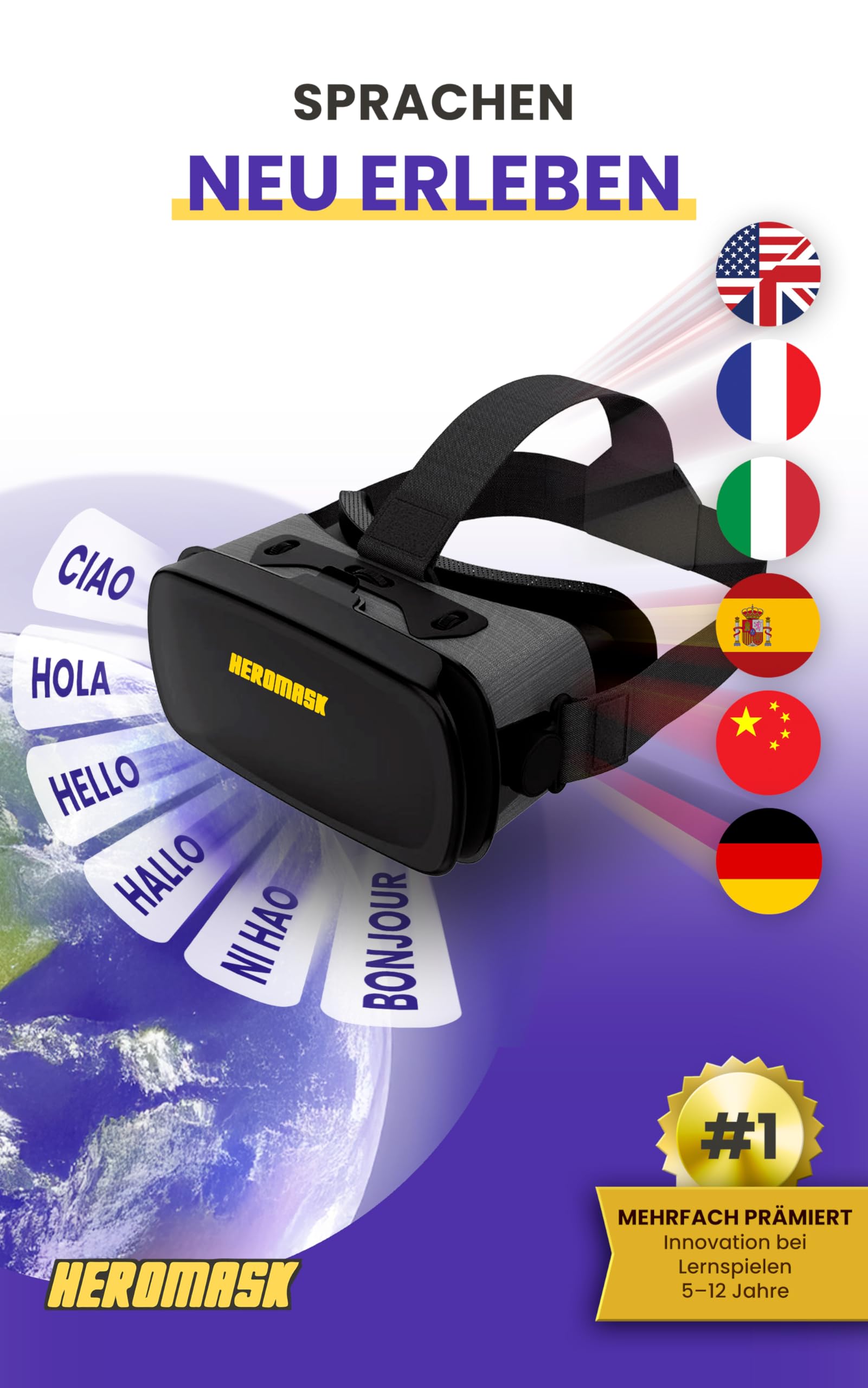 Heromask VR Brille Kinder 5-12 Jahre · Sprachen-Lernspiel Englisch & Mehr | Englisch, Spanisch & Französisch spielerisch in VR lernen. Für iPhone/Android. Originelles Geschenk für Kinder