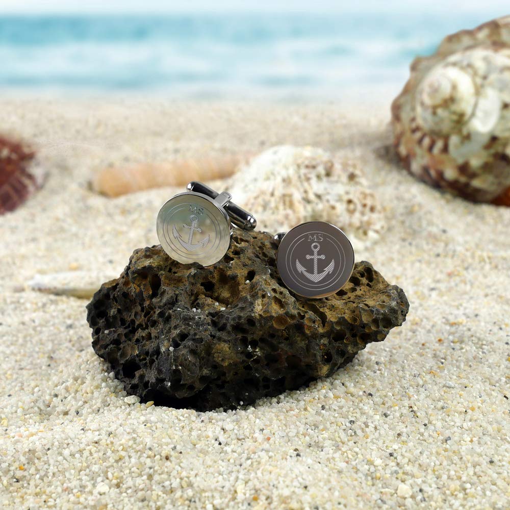Gravado Gemelli in Acciaio Inox di forma Circolare con Incisione Personalizzata con Iniziali, Motivo Ancora, Scatola Inclusa, Idee Regalo per Lui, Accessori Uomo