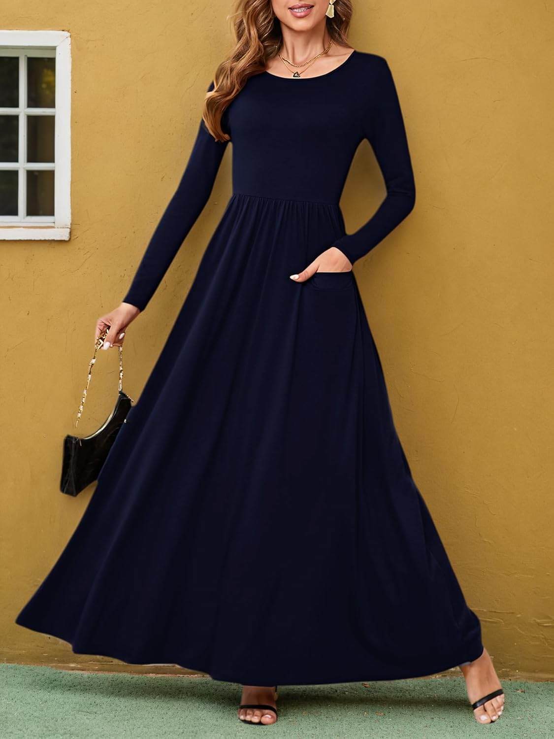 Women's Long Sleeve Maxi Dress High Waist Flowy Crewneck Vintage Wedding Guest Formal Long Dresses - Image 3