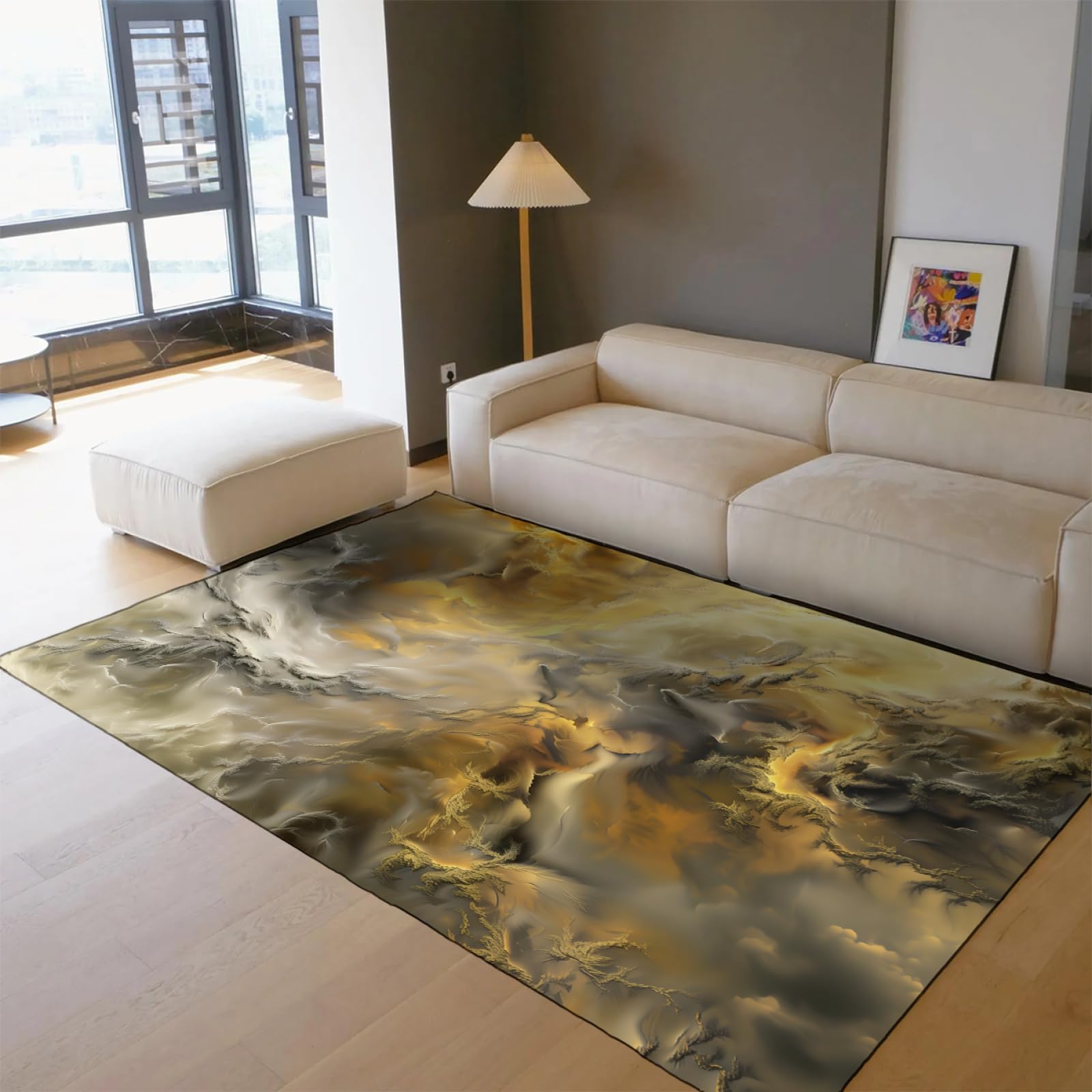 Teppich im modernen Stil 160x240cm - Abstrakte Bunte Wolkenteppiche Gelbgold Farbverlauf Dark Clouds waschbarer Rutschfester dünner Teppich mit niedrigem Flor für die Veranda