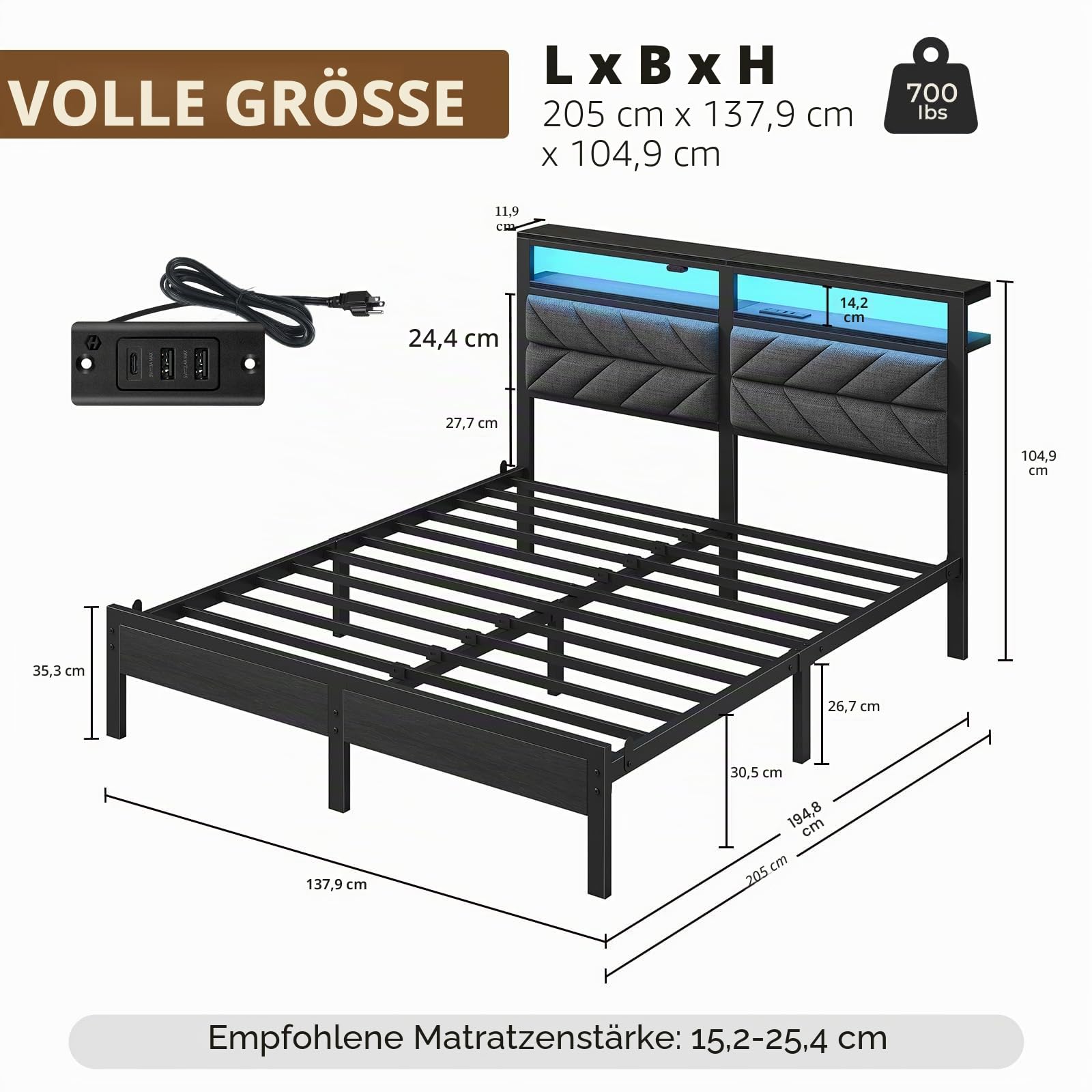 Seventable Bett 140x200 mit LED, Ladestation (2 USB-Anschlüsse & 1 Typ-C-Anschluss), Metallbett mit Gepolstertem Kopfteil & Stauraum, Doppelbett für Schlafzimmer