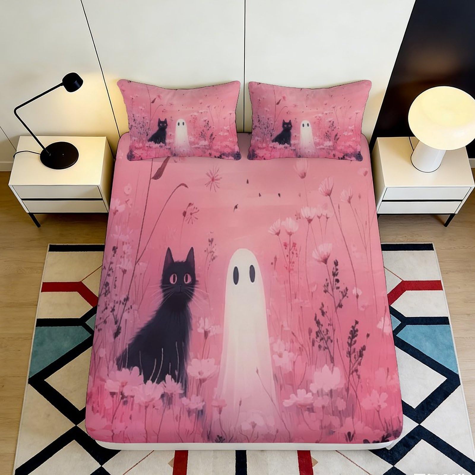 Uynsixtme Style-8 3D Printed Ghost Cat Fitted Sheet Deep Pocket Microfiber Bedding Non-Slip Elastic Hem Ghost Cat Mattress Fitted Cover Washable 200X200x25cm