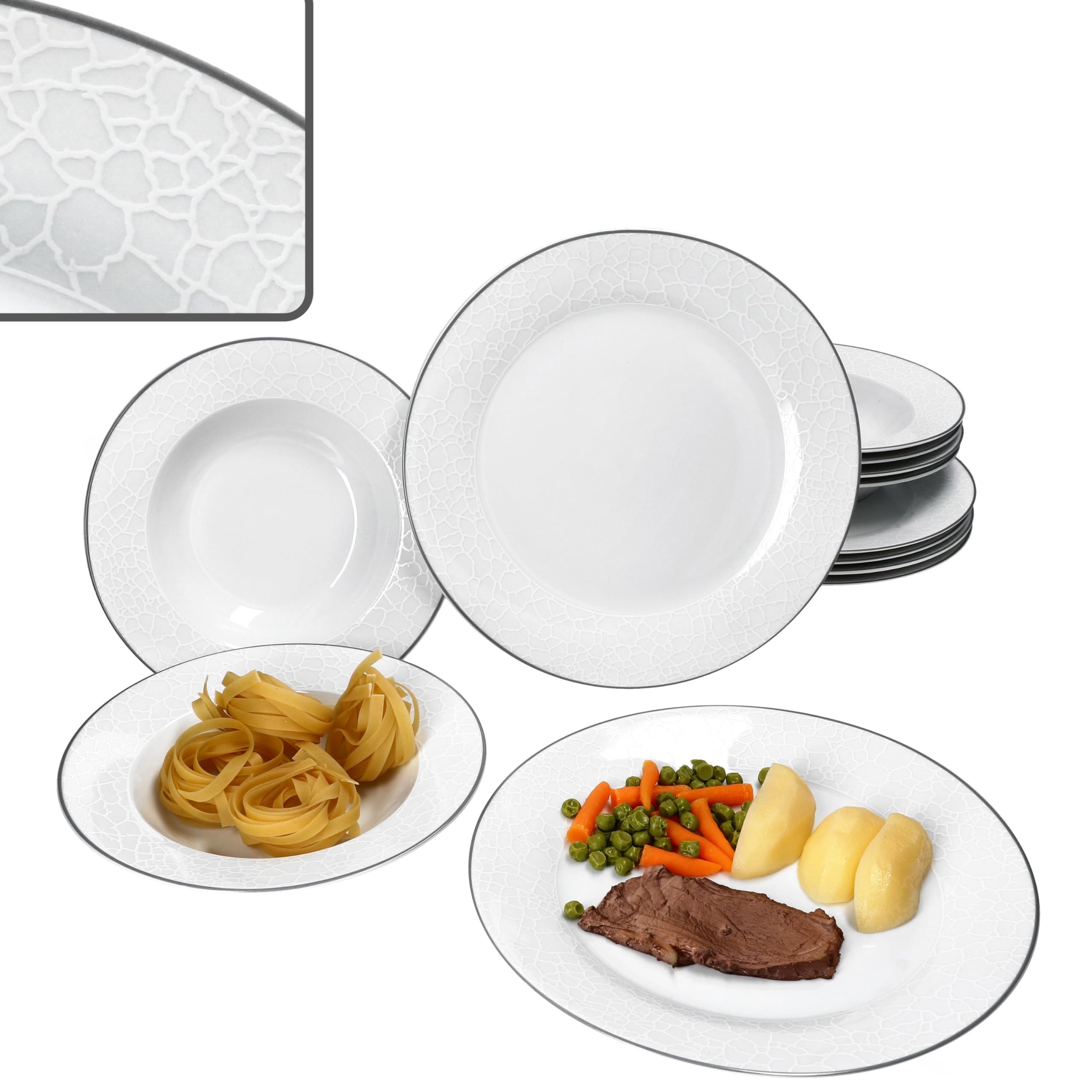 MamboCat Venise Service de table 12 pièces I Vaisselle en porcelaine blanche élégante pour 6 personnes I 6 assiettes plates et 6 assiettes creuses 150 ml avec relief aspect galets avec ligne grise