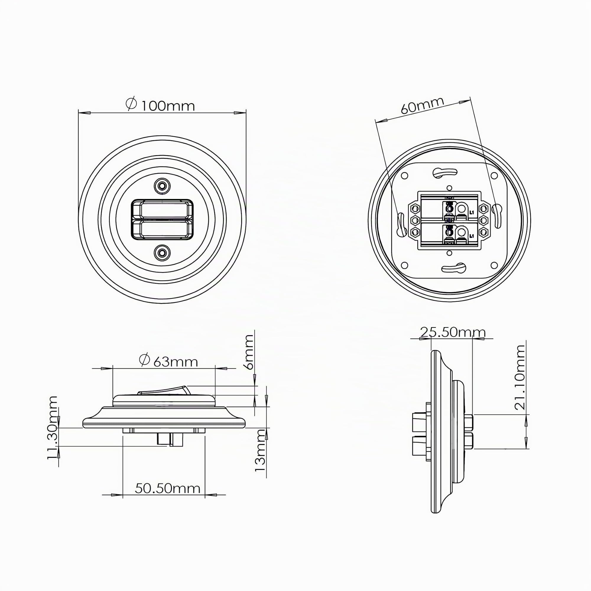 Bouton-poussoir double rétro en porcelaine à encastrer, double bouton-poussoir, tout-en-un, série PR1 blanc