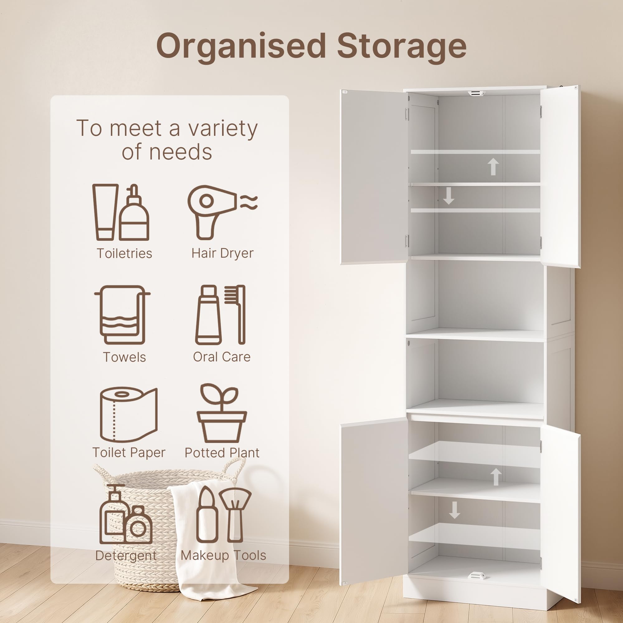 Xbro Mobile bagno 190×30×57 cm, contenitore bagno con ripiani regolabili, cassetti e vani aperti, armadio alto versatile per bagno, cucina e soggiorno, montaggio semplice, bianco