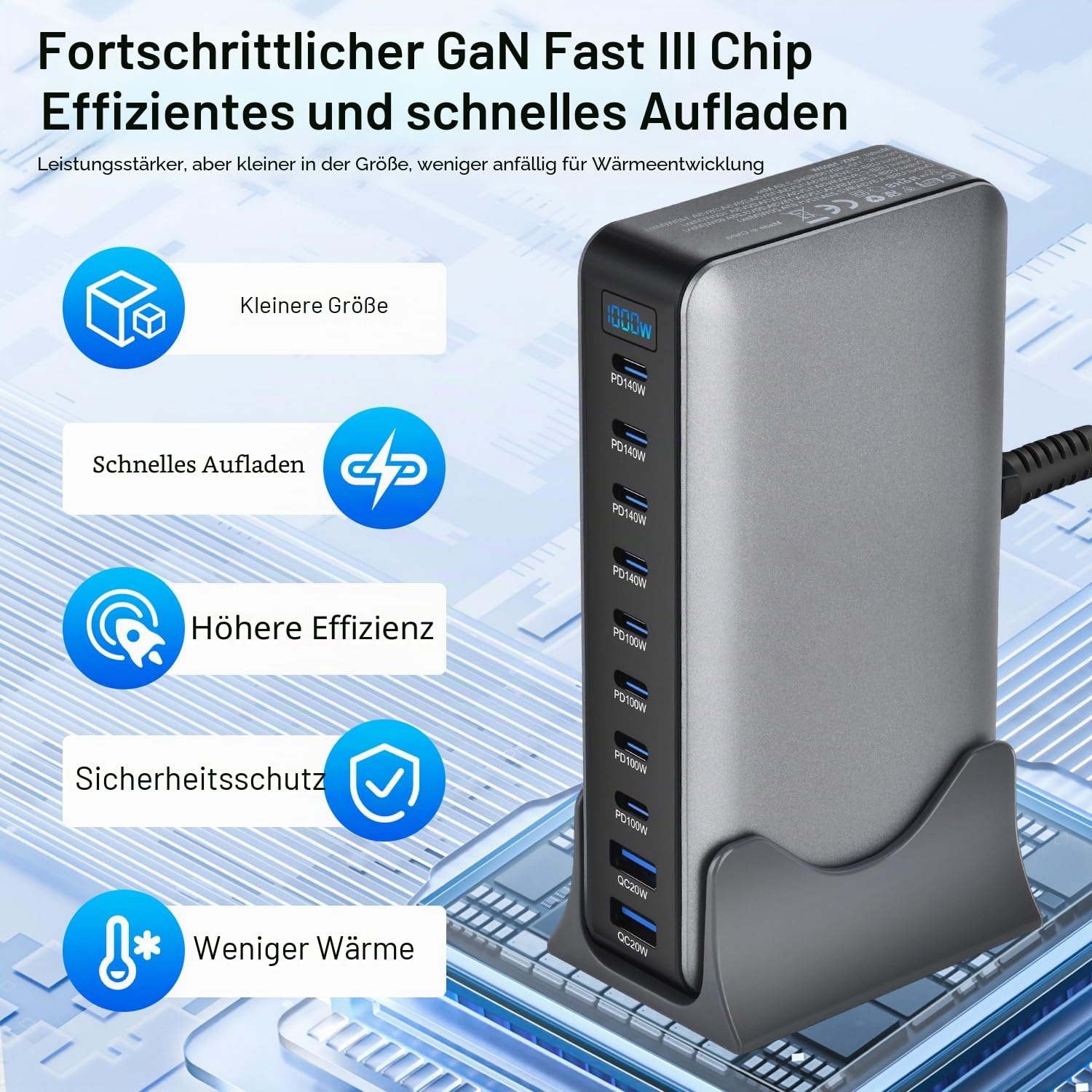 10 in 1 & 1000W USB C Ladegerät Mehrfach GaN 4 Max PD140W/100W QC20W Laptop Schnellladegerät Ladestation (8C+2A)
