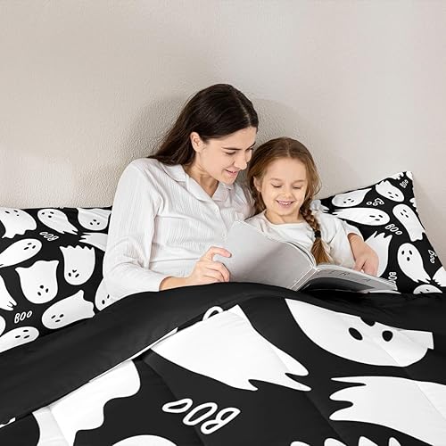 Miniatura 10 de Juego de edredón de cama con temática de Halloween, tamaño Queen, juego de ropa de cama de microfibra súper suave estilo caricatura púrpura para