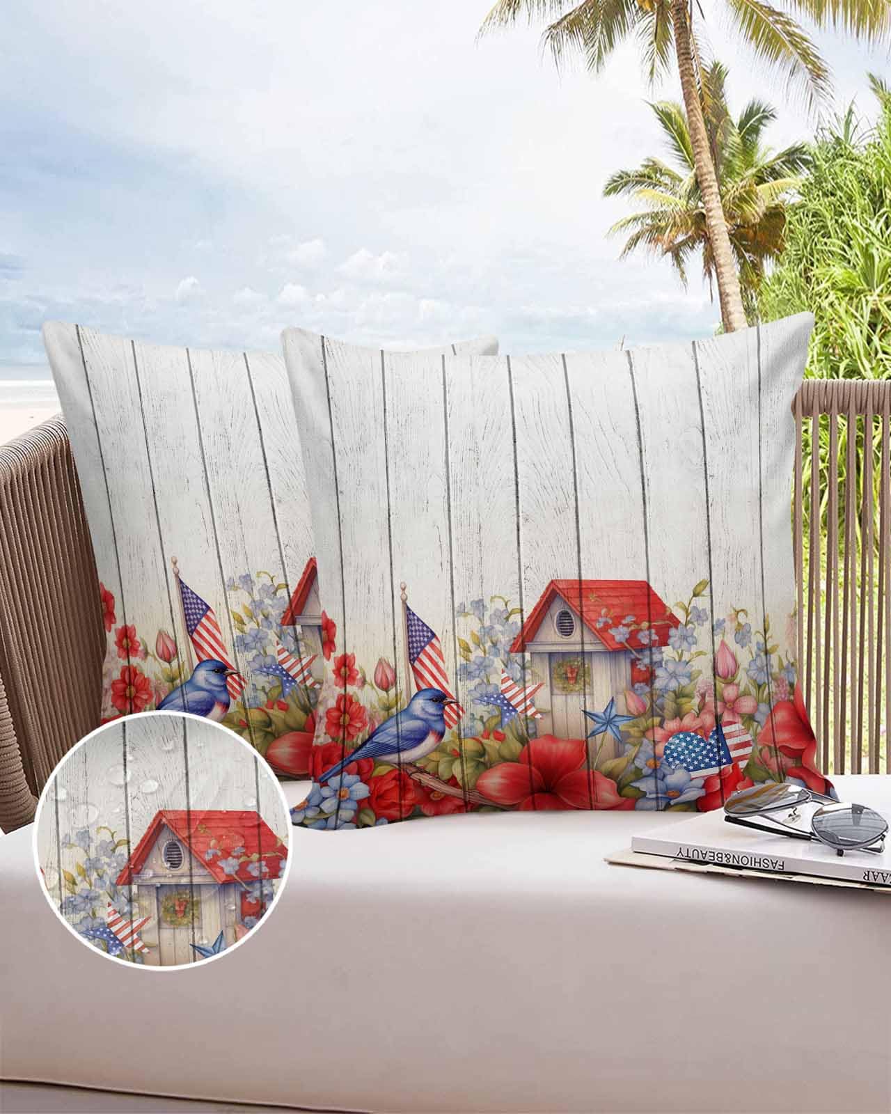 Boanket Outdoor Pillow Covers 20 x 20 in, 4th of July Waterproof Throw Pillow Cover Set of 2, Farmhouse Birds Botanical Independence Day Home Decorative Square Cushion Covers for Patio/Couch/Garden