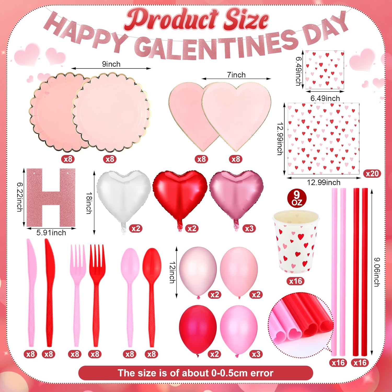 133 Pcs Happy Galentine's Day Decorations Tableware with Banner Heart Foil Latex Balloons and Plates, Napkins, Cups Dinnerware Sets for Galentine's Day Party Supplies, Serve 16 Guest