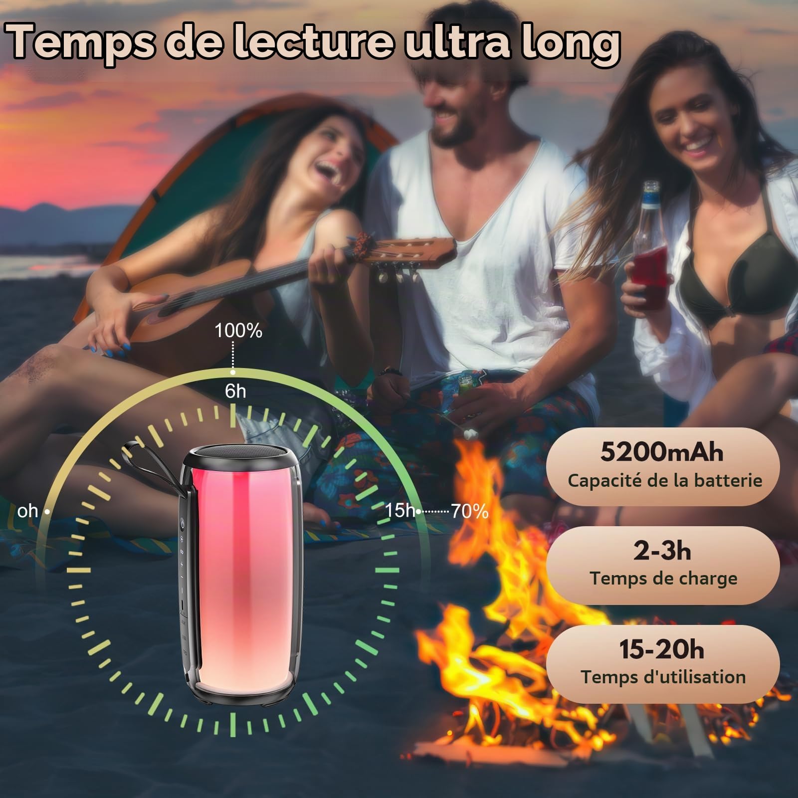 Tisco Enceinte Bluetooth Portable, Enceinte sans Fil avec Bass Puissantes, 20H Autonomie, Lumière RGB, USB, AUX, TF Carte, Haut Parleur Bluetooth pour Fêtes/Voyage/Extérieur