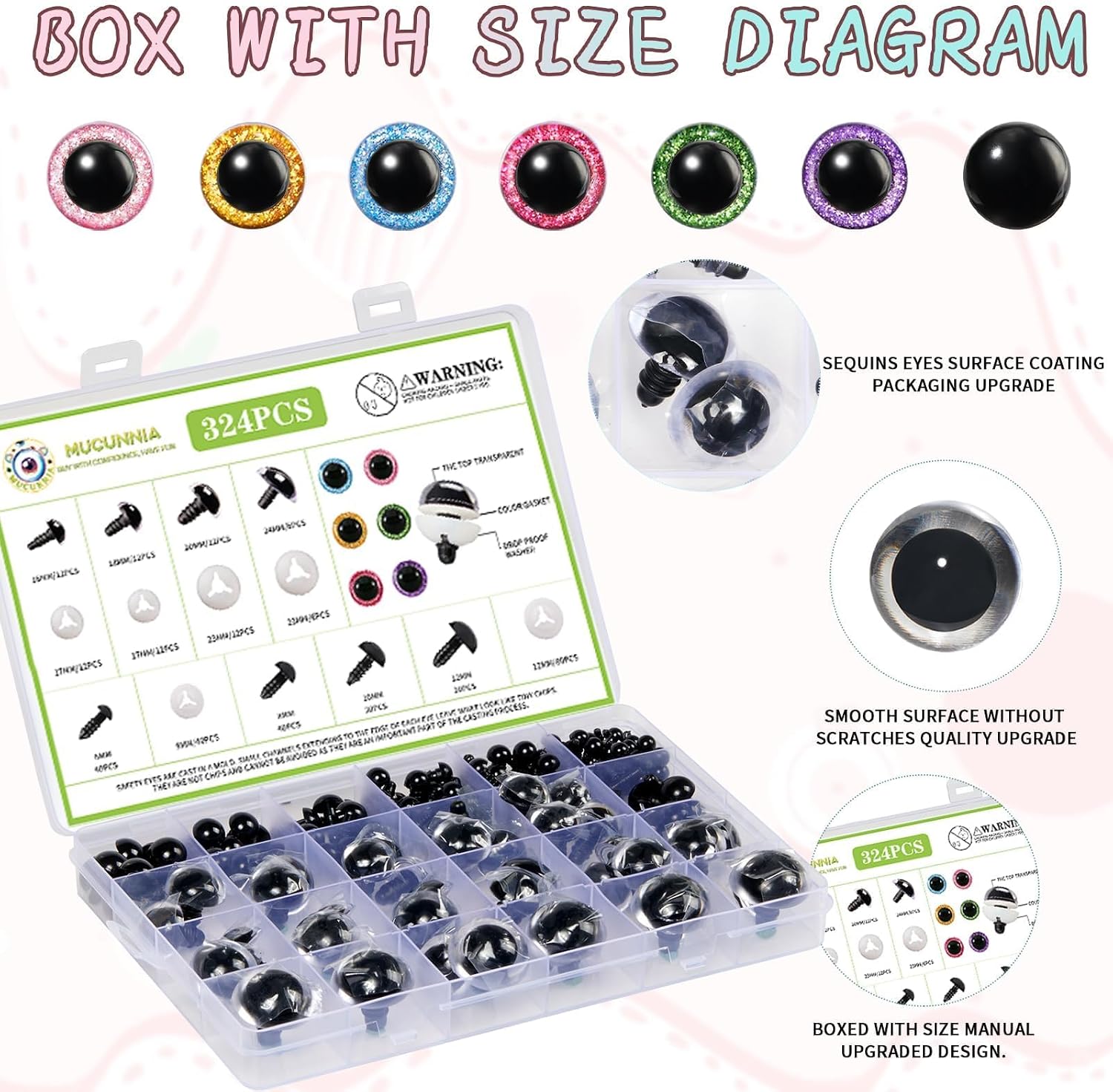 MUCUNNIA Upgraded Glitter Safety Eyes 324 Pcs 6-24mm Safety Eyes for Crocheting with Washers and Size Tools Large Crochet Safety Eyes for Amigurumi Gift for Crochet Lovers Halloween Decorations