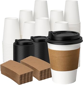 YEEHAW 12 oz Disposable Paper Coffee Cups, 100 Pack | Includes Lids & Sleeves, For Hot Beverages, To Go Cups, Ideal for Cafes & Bistros