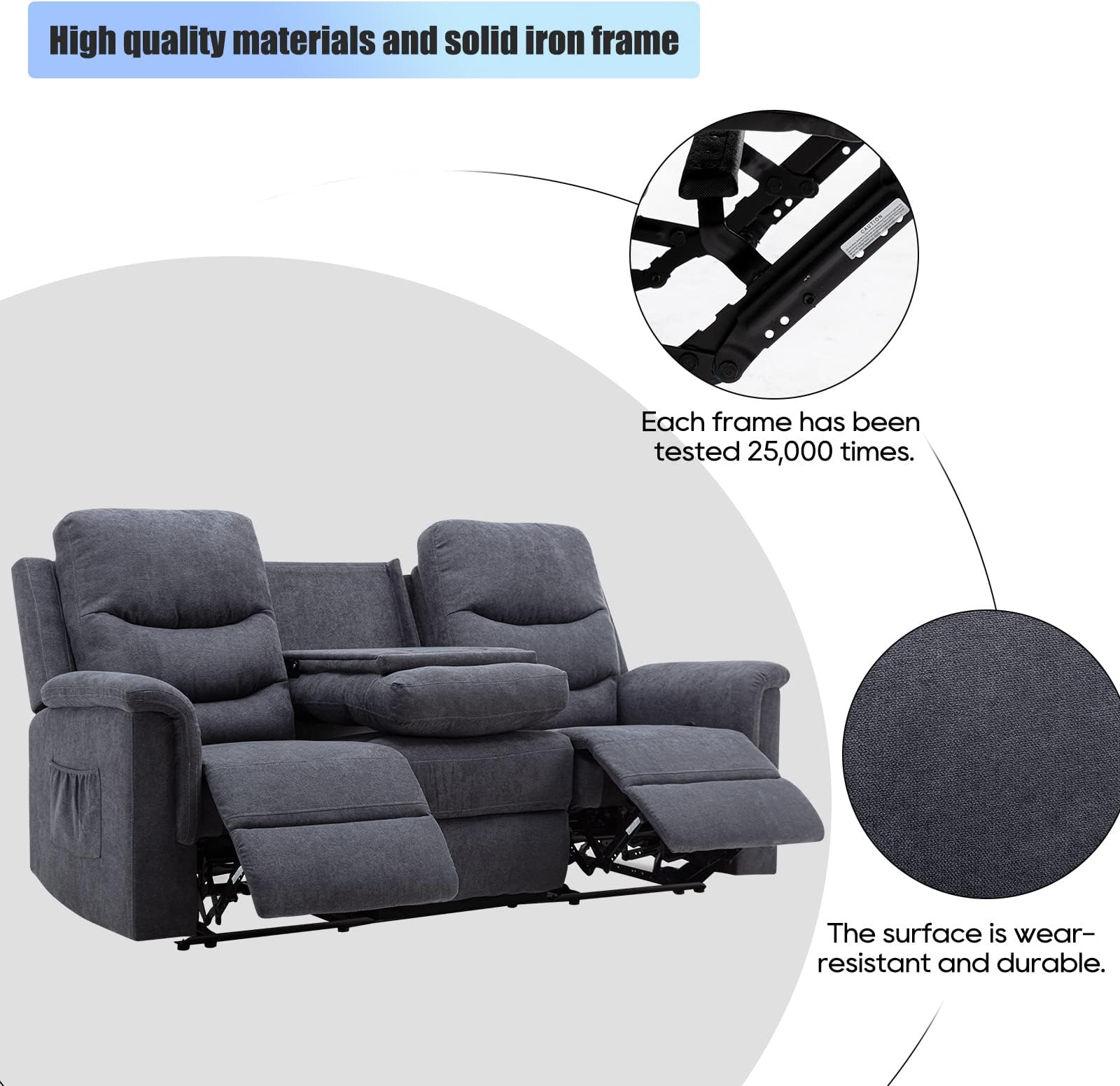 Consofa Reclining Sofa, Recliner Sofa 3 Seater with Flipped Middle Backrest, 2 Cup Holders, Manual Wall Hugger Couches for Living Room, Home Theater Seating Loveseat Recliner Sofa