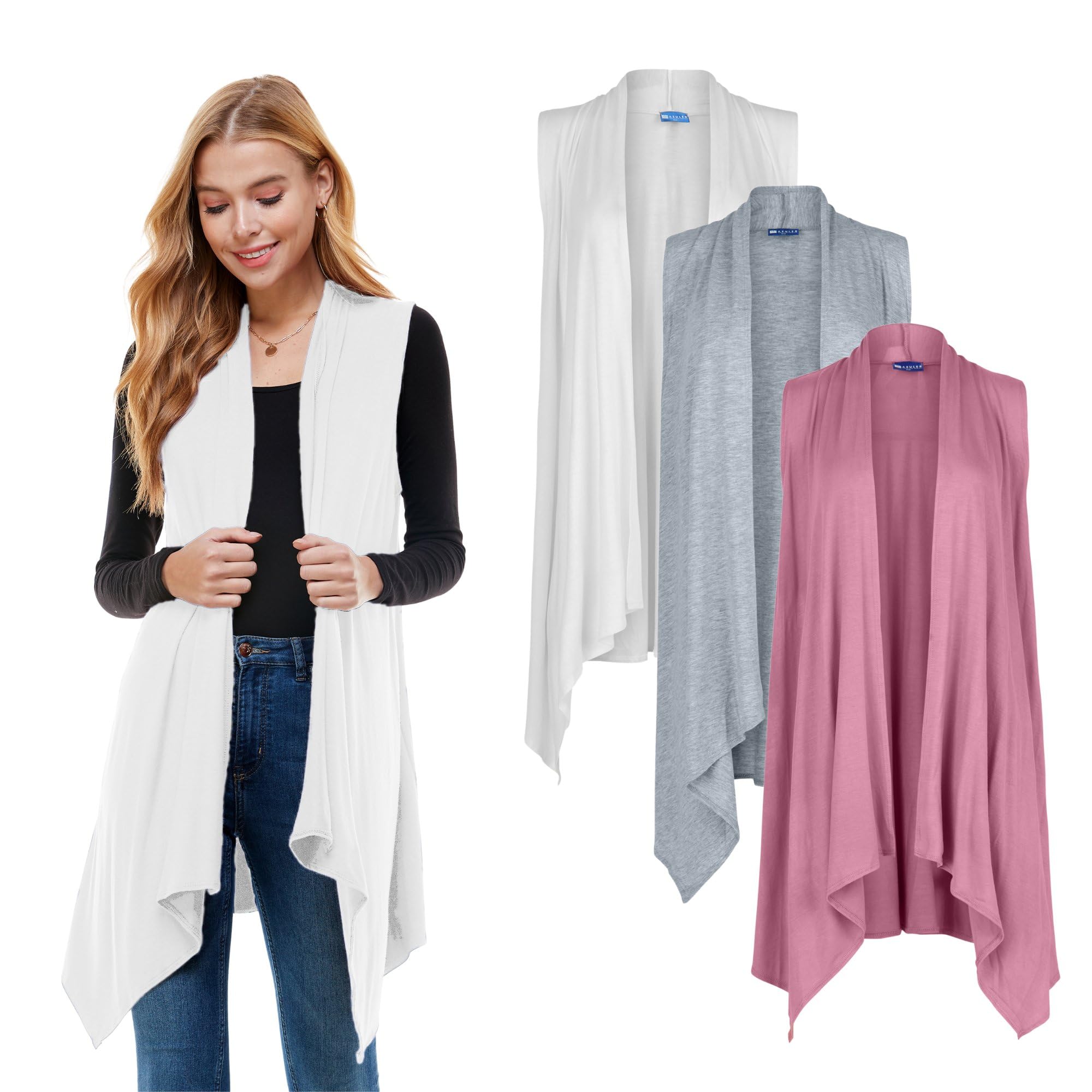 Azules Sleeveless Cardigan for Women, Soft Lightweight Duster Open Front Sleeveless Long Cardigan Vest (3 Pack)