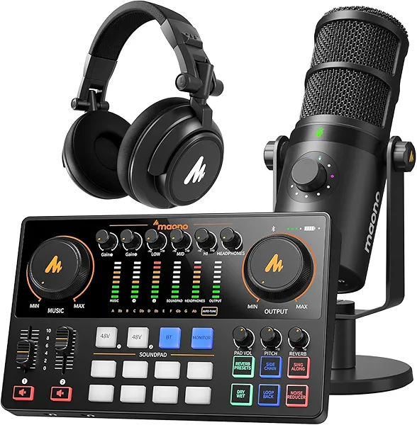 MAONO Podcast Equipment: Audio Interface, USB/XLR Dynamic Mic and Headphones with Dual XLR Input, Quick to Mute, Noise Reduction, 8 Customize soundpads for Podcast Recording, Streaming, YouT