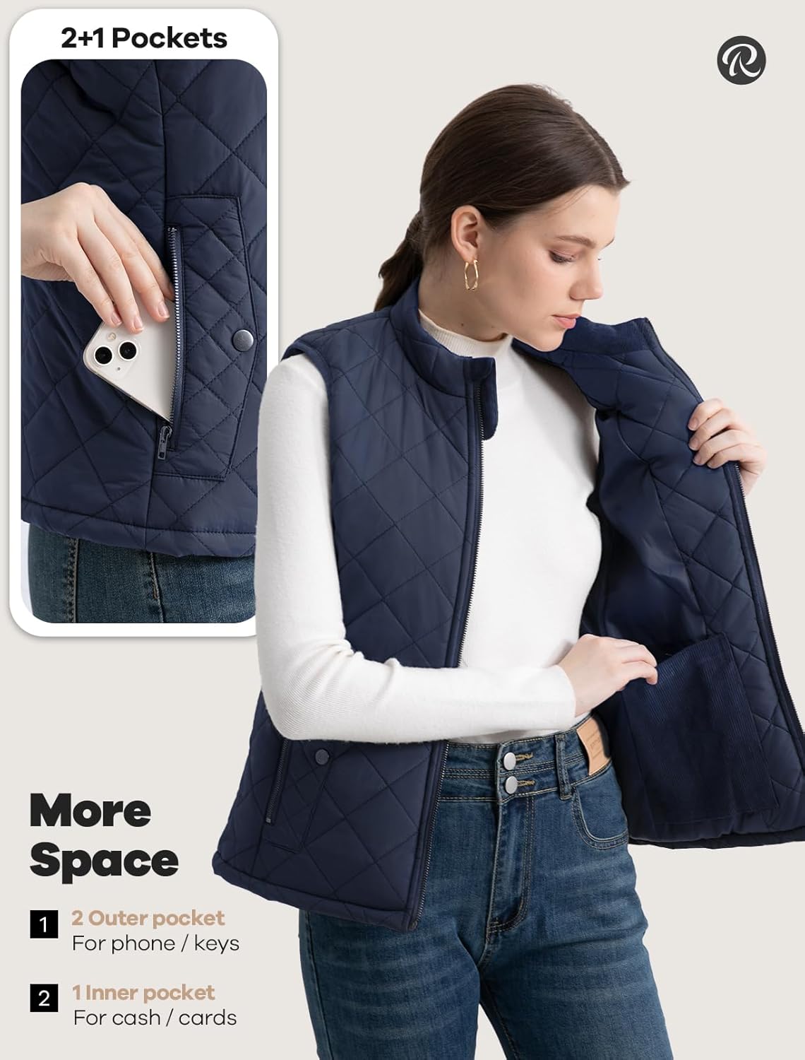 Women's Vest, Quilted Puffer Water-Resistant Zip With Pockets - Image 5