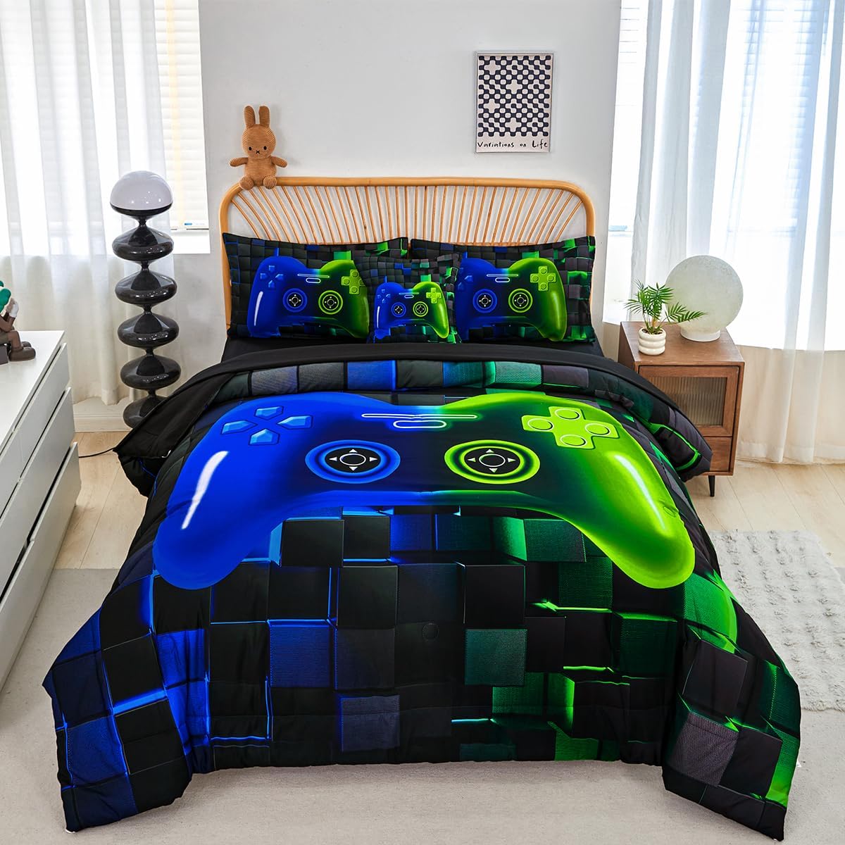 PERFEMET 6-Piece Game Full Size Bed in a Bag for Boys Blue and Green Video Gamer Bedding Set with Sheets Soft Fluffy 3D Printed Game Console Comforter Set for Kids Teen Girls(Blue Green, Full)
