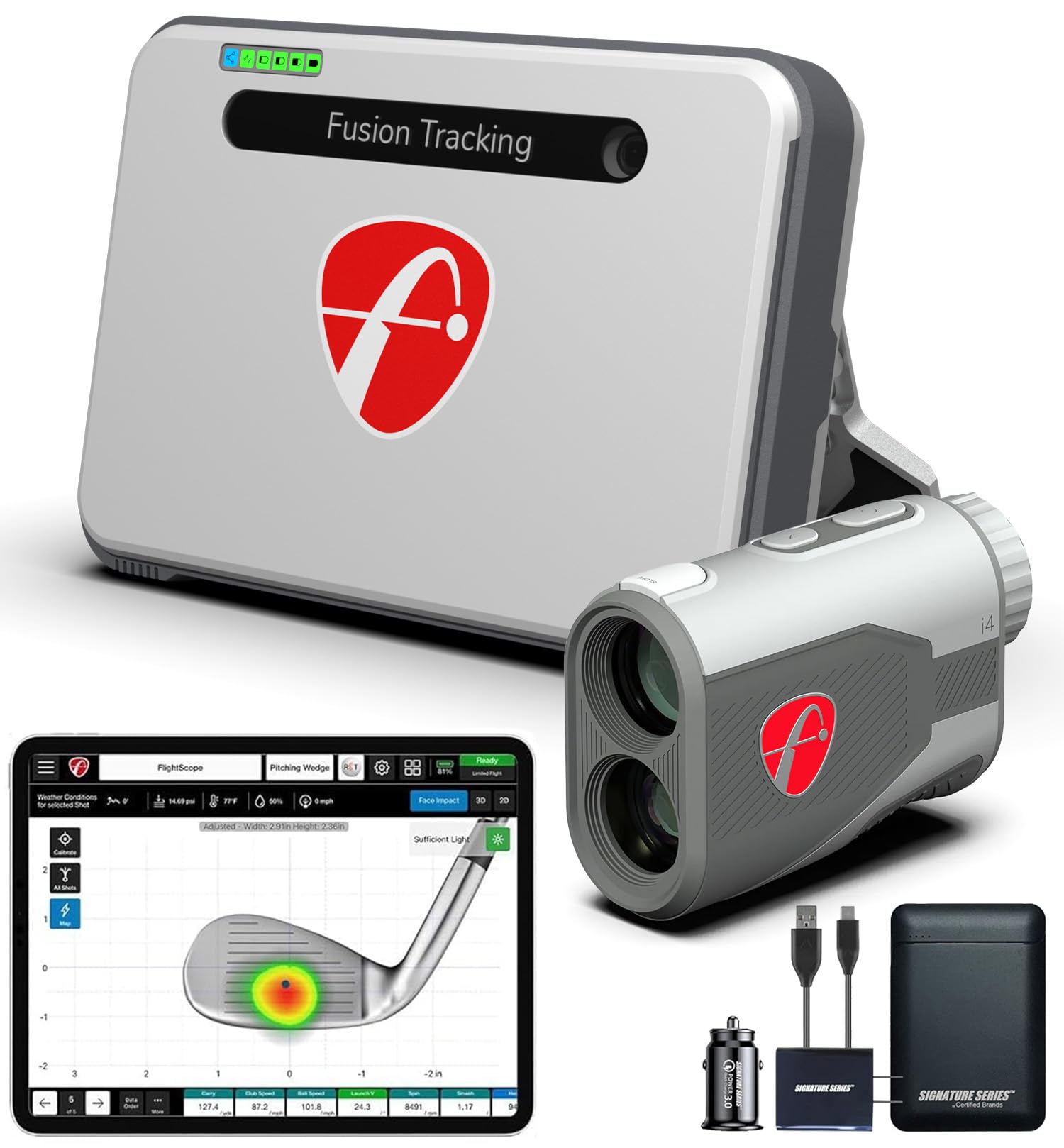 FlightScope Mevo+ GPS Golf Launch Monitor and Simulator with Face Impact Location | 20+ Swing Data Parameters, 12 E6 Courses with i4 Rangefinder, 1,000 Yard Range | Signature Series Power Bundle