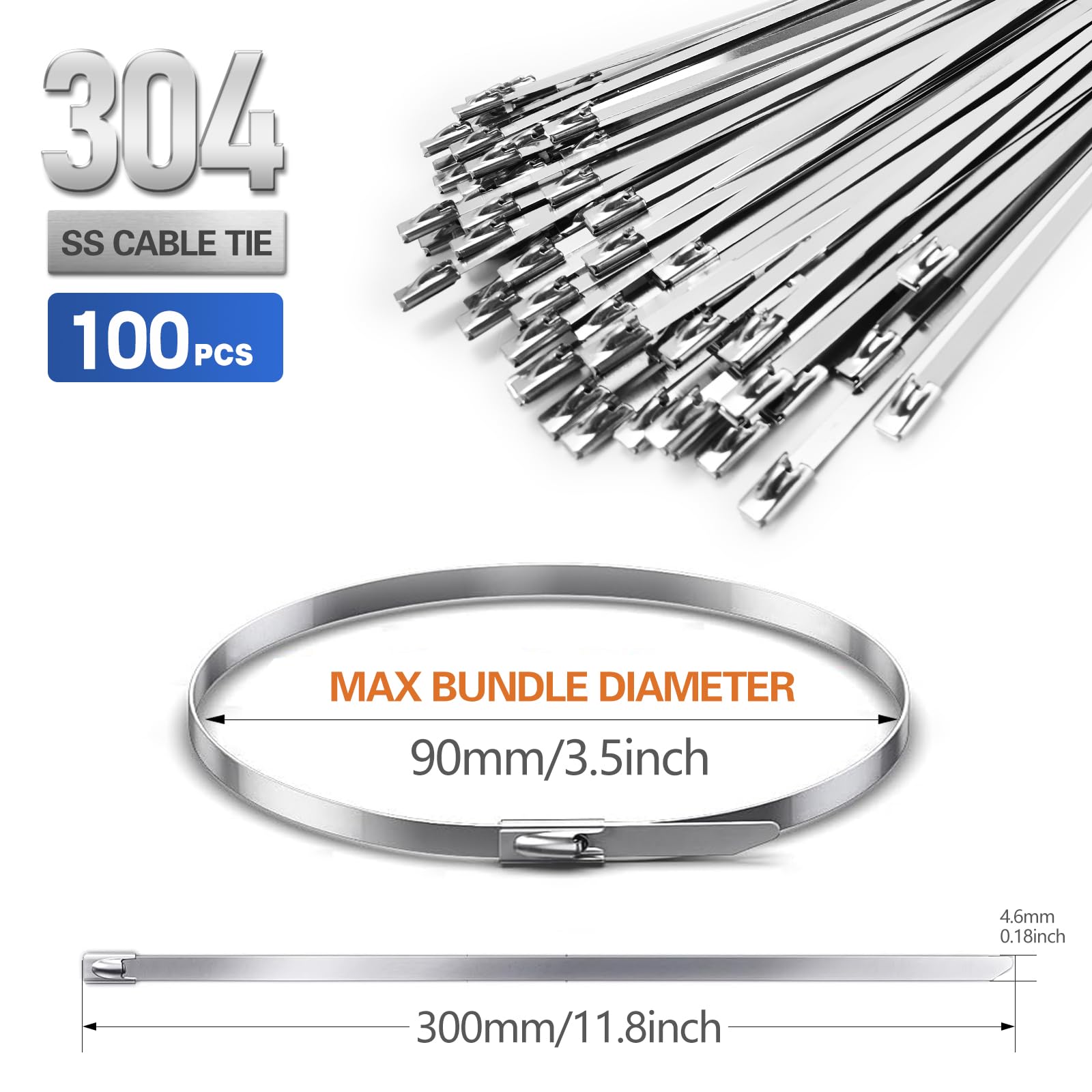 Chain Link fence Ties 100pcs Multi-Purpose Self-Locking Metal Zip Ties Stainless Steel Zip Ties 11.8inch, Suitable for Machinery, Exhaust Wrap, Farms, Pipes, Roofs, Cables, and Outdoor Fence
