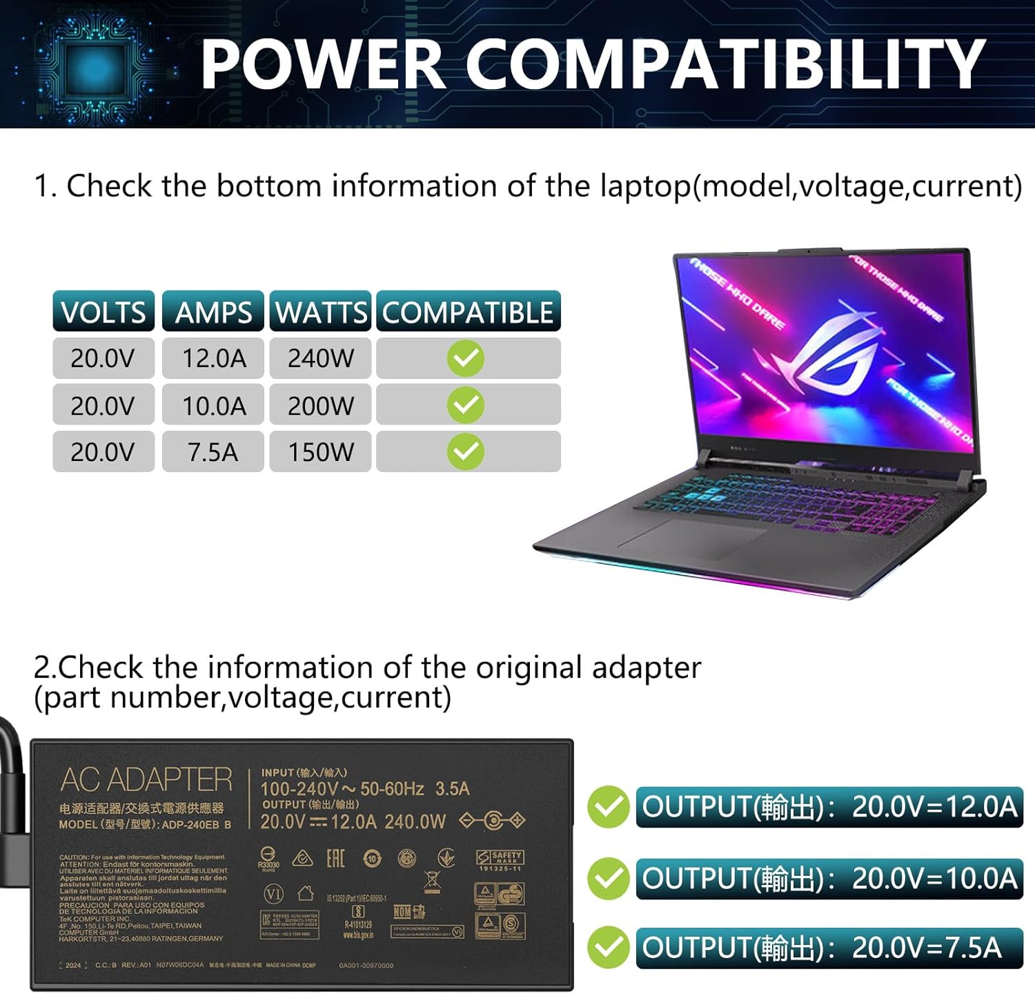 Ac Laptop Charger for Original Asus ROG Zephyrus G14 G15 GA401 GA401I GA401II GA502DU GA502D GA502IU FX705GE GL703GM ADP-180TB H ASUS TUF Gaming Laptop AC Adapter Power Supply Cord