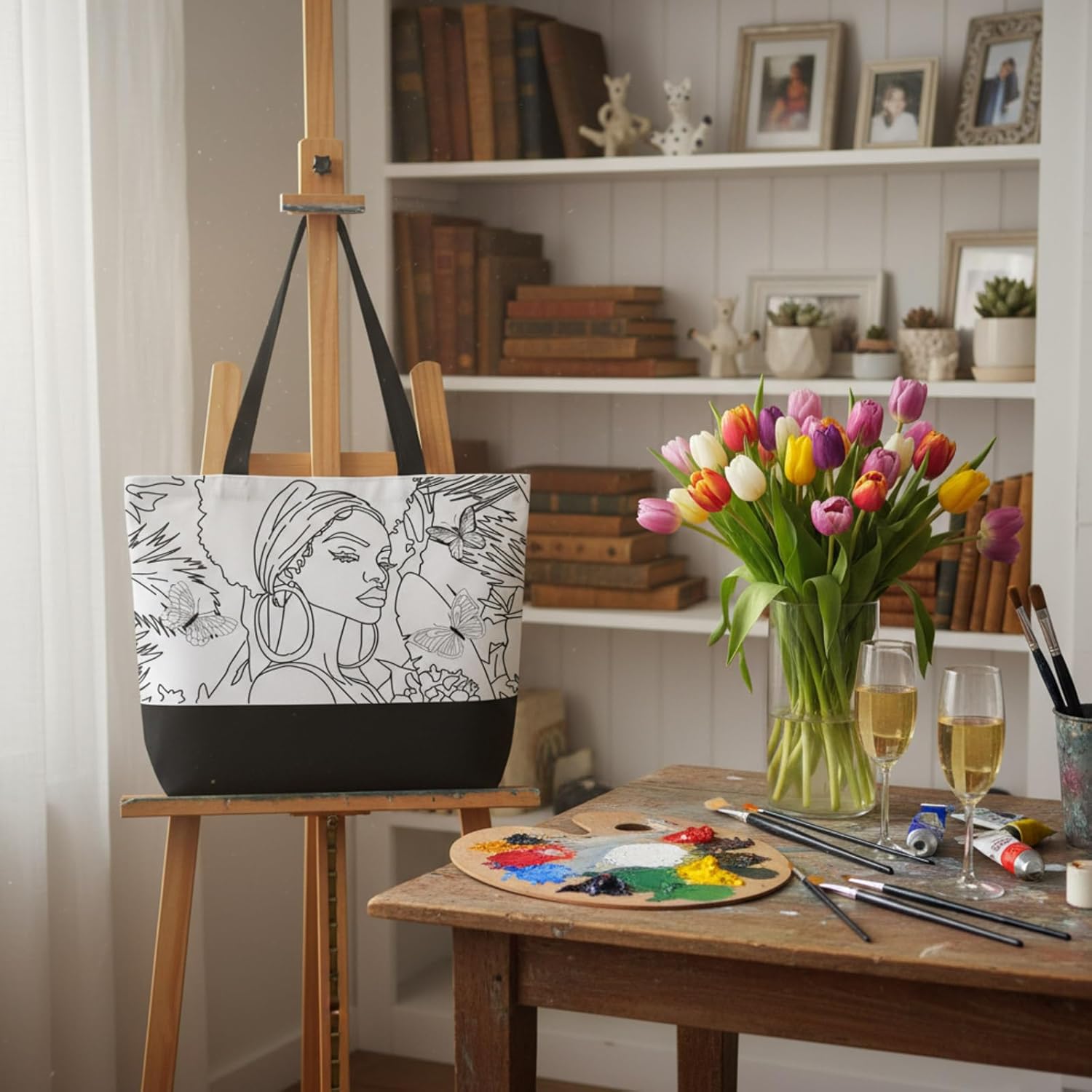 10 Pre Drawn Canvas Bags Set Paint and Sip Kit for Adults Painting DIY Tote Bags Making Kit with Paintbrushes, Paints, Apron, Palette for Painting DIY Party Women Adults