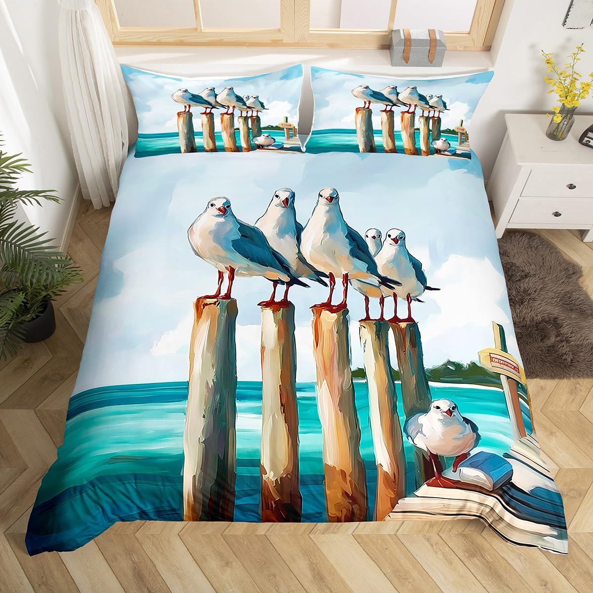 Homemissing Beach Theme Duvet Cover Cot Size Kids Sea Ocean Wave Lake Bedding Set for Boys Girls Teens Summer Hawaiian Seagull Bird Animal Pattern Duvet Cover Room Decor