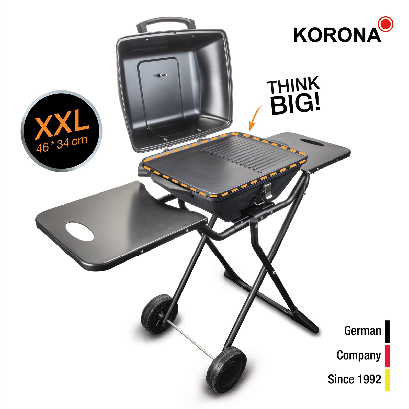 Korona 46222 Elektryczny grill stojący na kółkach, 2400 W, dzielona powierzchnia grillowania XXL, ryflowana i gładka, z pokrywą i wskaźnikiem temperatury