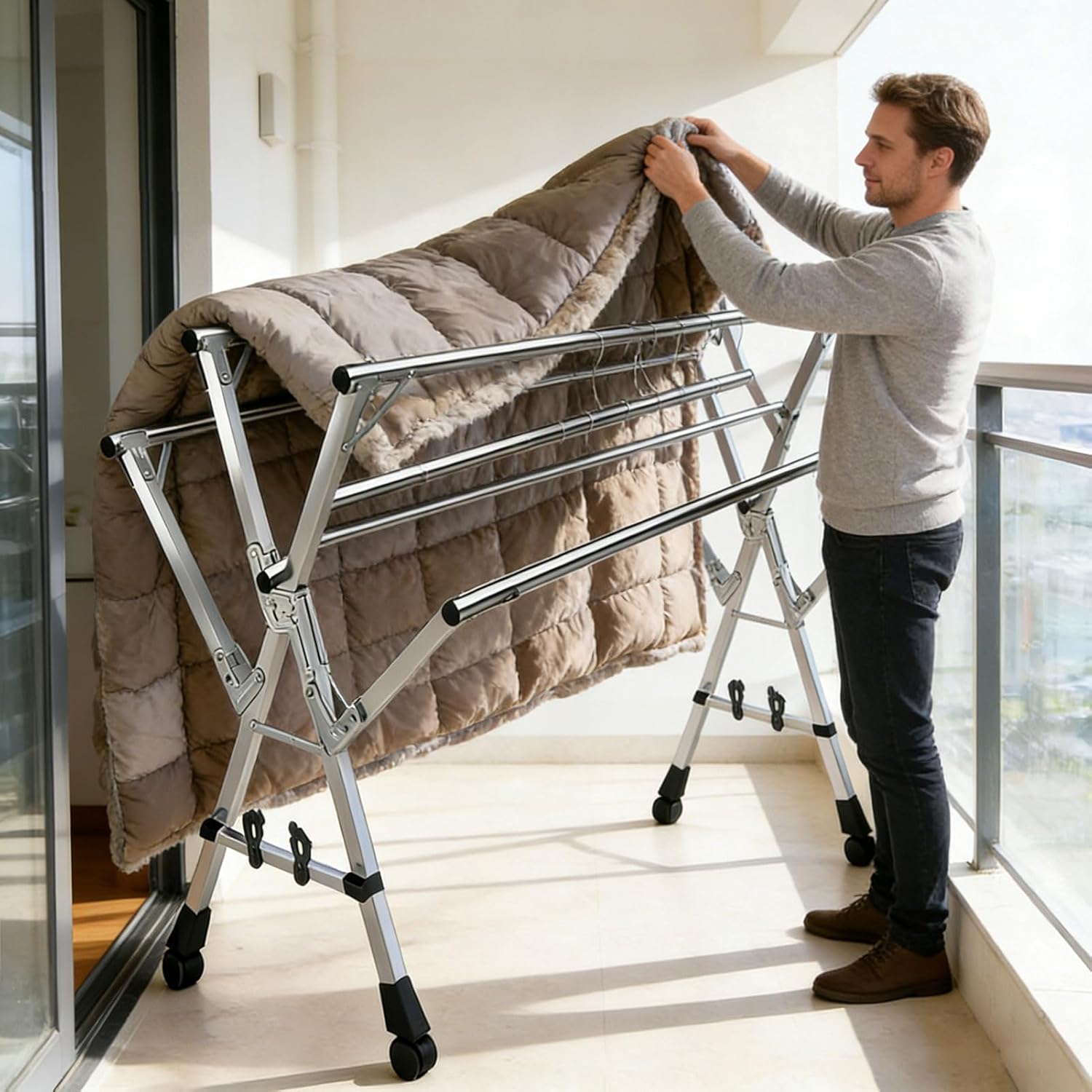 HUHJYUGE Outdoor Foldable Clothes Drying Rack, Heavy Duty Stainless Steel Laundry Rack with Wheels, Portable Garment Drying Stand, Extendable & Length Adjustable, No Installation (160cm/63inch)