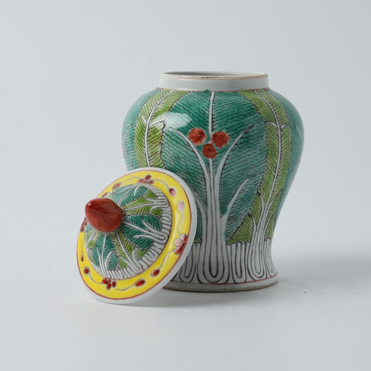 Chinese Hand-Painted Pastel Bok Choy Ceramic Ginger Jar Butterfly Pattern Rice Drum Ceramic Jar Desk Storage Lidded Jar for Living Room Bedside Decor Home Decor (Olive)