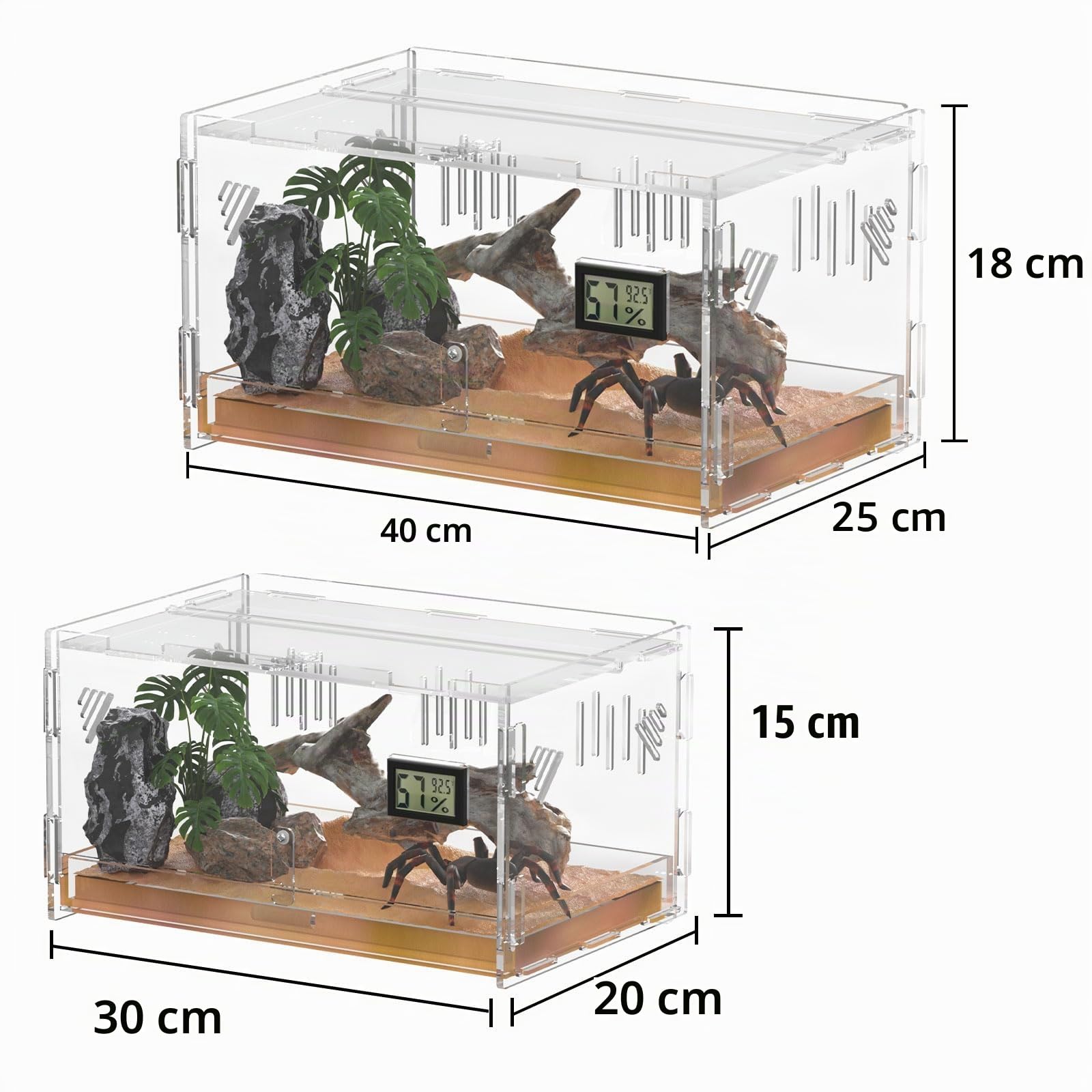 Terrario de Reptiles con Higrómetro de Temperatura, 40x25x18cm Caja de Reproducción, Tanque de Jaula para Insectos Pequeños en Casa y Oficina