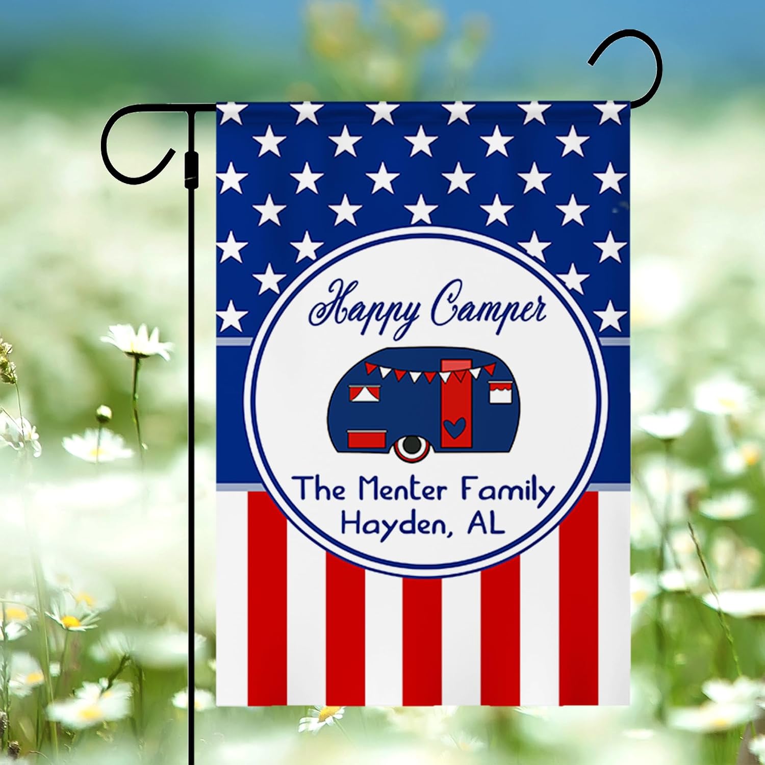 Personalized Camp Flag with Family Name Custom Happy Camper Yard House American Flag Gifts for Independence Day Dad Family Outdoor Welcome Banner 12x18