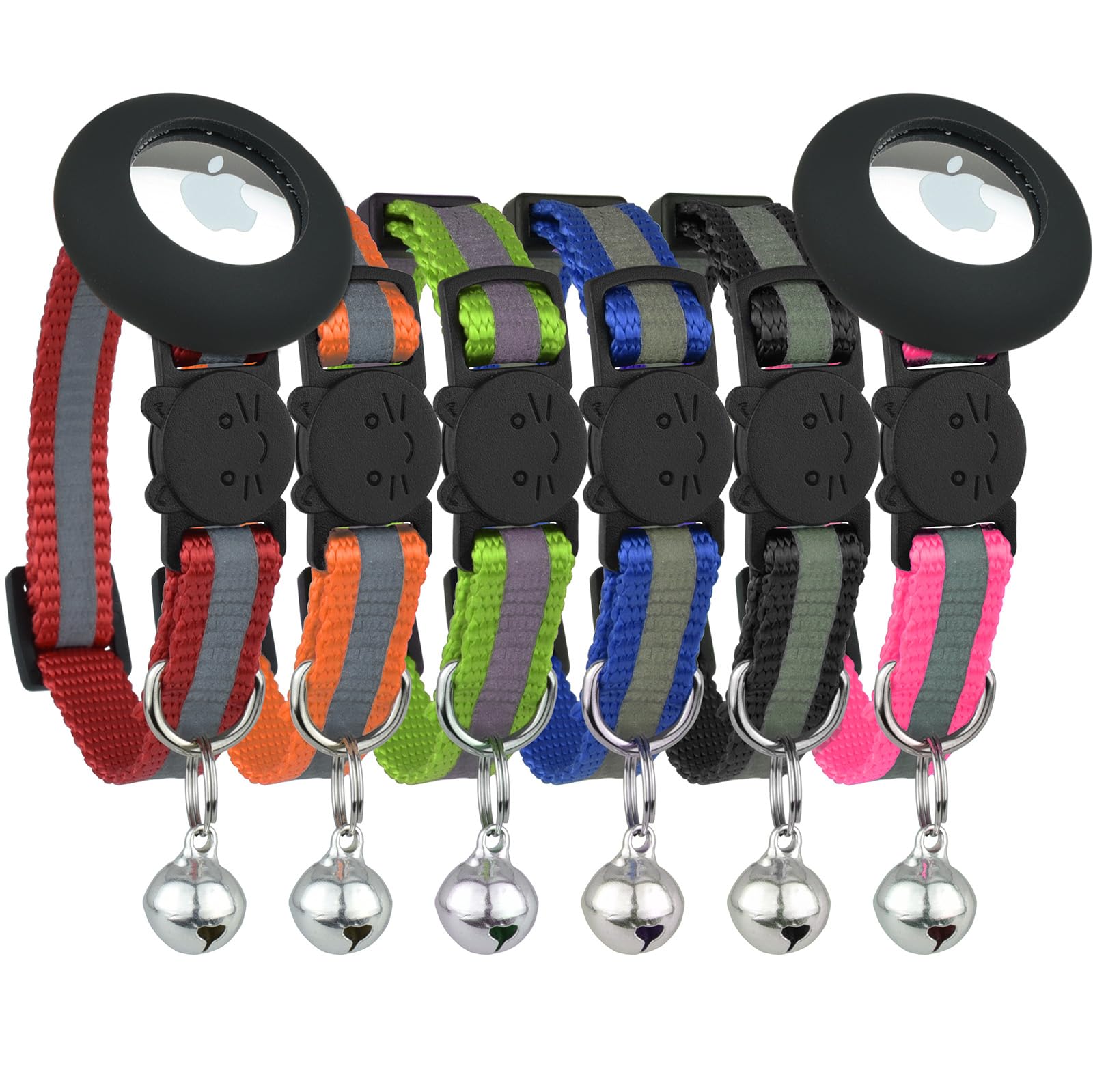 Reflective Cat Collar with AirTag Holders, Set of 6, with Bells, Solid & Safe Collars for Cats, Nylon, Mixed Colors, Pet Collar, Air Tag Holder, Breakaway Cat Collars Charms