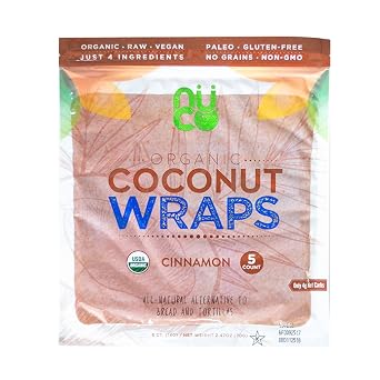 All-Natural, Paleo, Gluten Free, Vegan Non-GMO, Kosher Raw Veggie NUCO Coconut Wraps Cinnamon Flavor. NO Salt Added Low Carb and Yeast Free 5 Count One Pack of Five Wraps Each