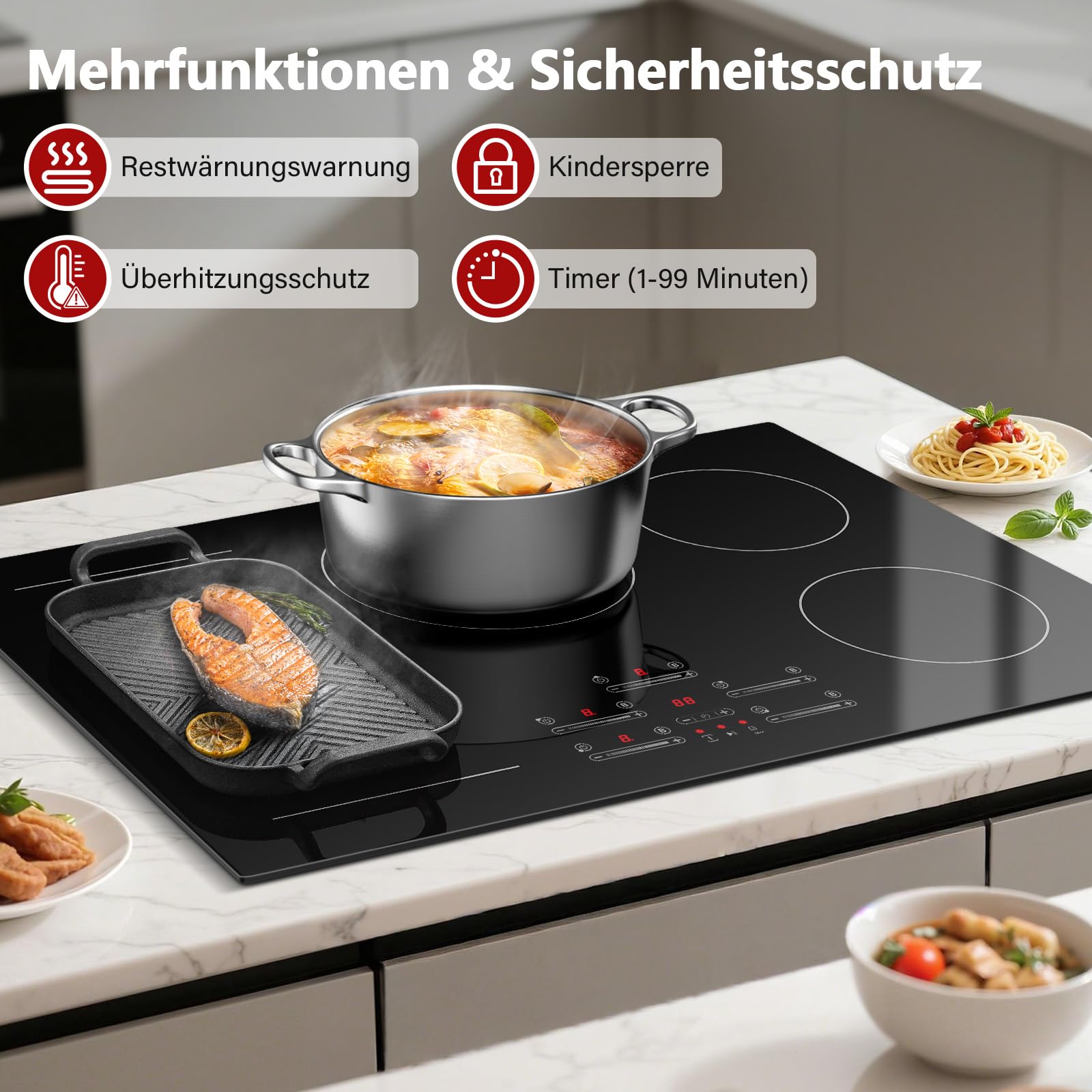 Induktionskochfeld 77 cm mit 5 Platten & 1 Flexzone, 9500 W, 9 Leistungsstufen mit Booster-Funktion, Touch-Slider-Bedienung, Timer 1-99 Min, Einbau-Kochfeld