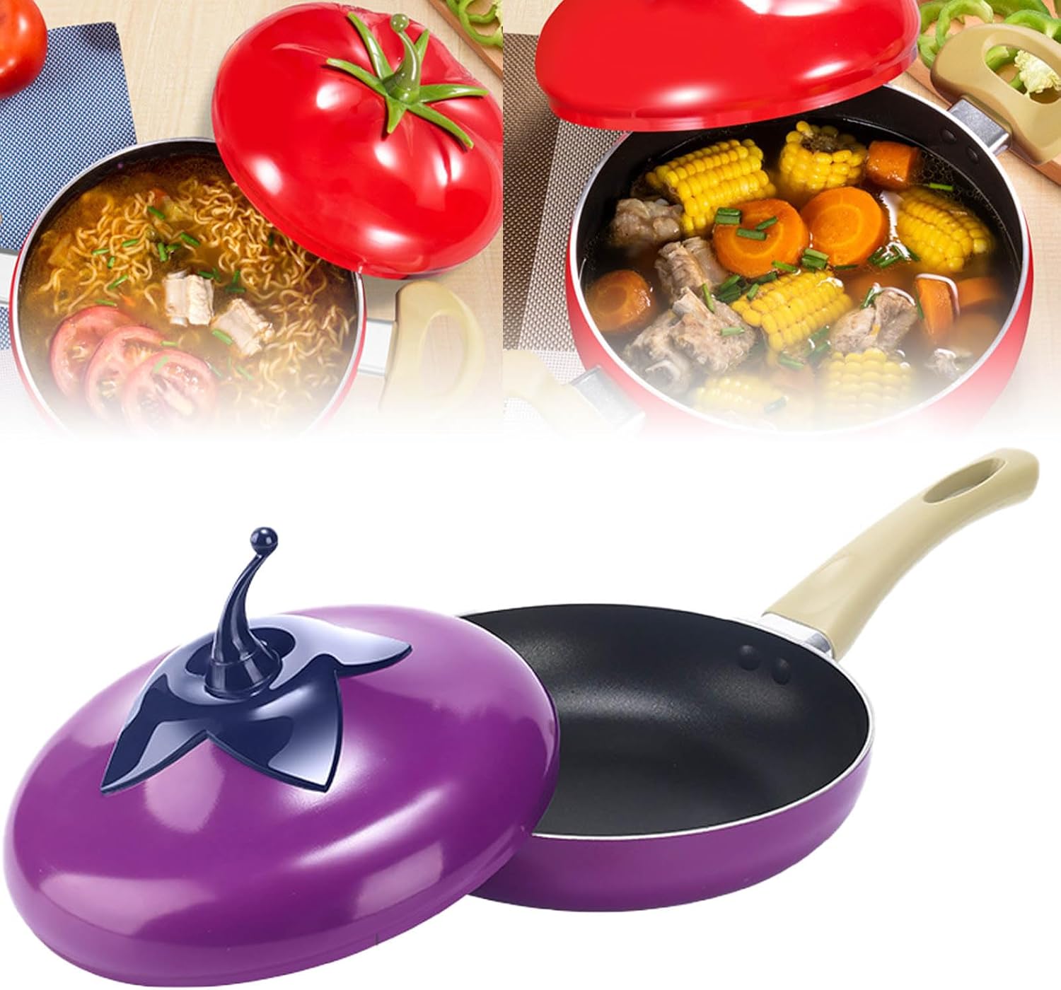 Lidded Vegetable Shapes Enamel Cast Iron Stock Pot Tomato Cocotte Nonstick Soup Pot Pasta Can, Multifunction Cooking Pot with Handles for Stewing Poaching Frying (Eggplant, Frying Pan)