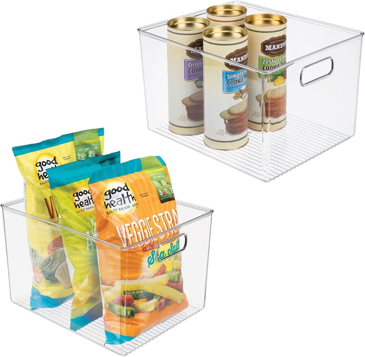 Cocina moderna de plástico, contenedor de almacenamiento de alimentos para despensa con asas - gabinete, refrigerador/congelador, organizador de encimera - refrigerios/bebidas/electrodomésticos; Colección Ligne, transparente, 12 x 10 x 7,75 (paquete de 2)