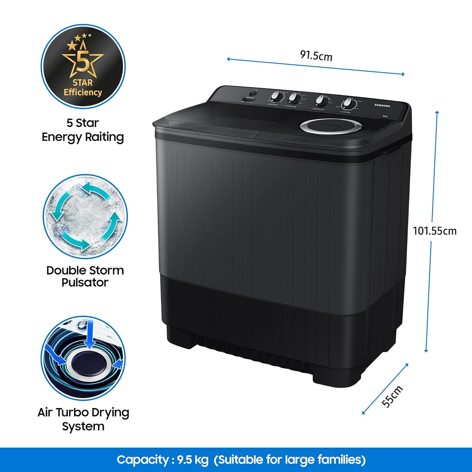 Samsung 9.5 Kg, 5 Star, Semi-Automatic Top Load Washing Machine (WT95A4260GD/TL, Air Turbo Drying, Dark Gray, 5 Year Warranty on Wash Motor) 3 71VVebS 2WL. SL1500