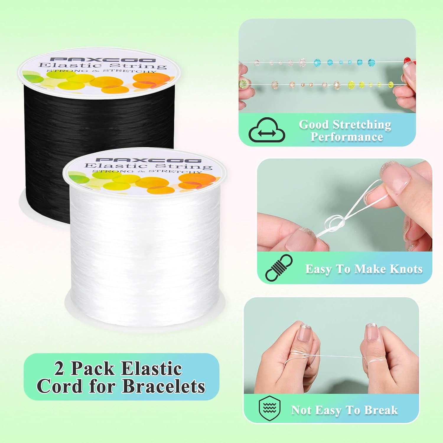 PAXCOO 2 Rolls Elastic String for Bracelets, Stretch Magic Elastic String Bead Cord Jewelry Thread for Friendship Bracelet, Necklaces, Clay Beads, Pony Beads (Black & White)