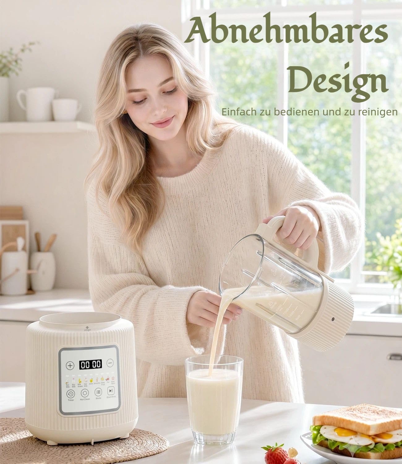 Nussmilch Maschine 11-in-1, 1,75L Automatisch Sojamilchbereiter, Für Selbstgemachte Pflanzenmilch, Hafer, Soja, Milchshake, 24H-Timer, 6H-Warmhaltefunktion, Automatische Reinigung