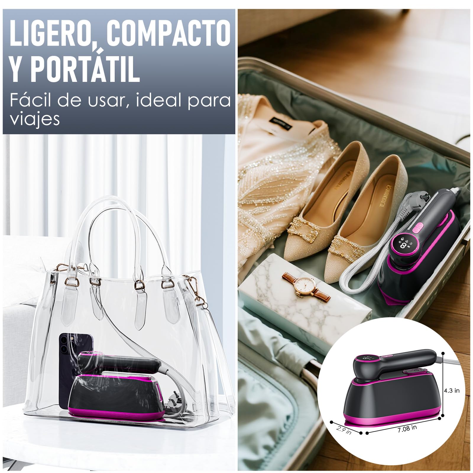 Plancha Vertical Vapor 2 en 1-Vaporizador de Mano para Ropa y Plancha Ropa, Plancha Ligera de Viaje de 1200 W (0,8 kg) -3 Modos de Vapor, Depósito de 165 ml y Pantalla LED - Ideal para Casa Accesori