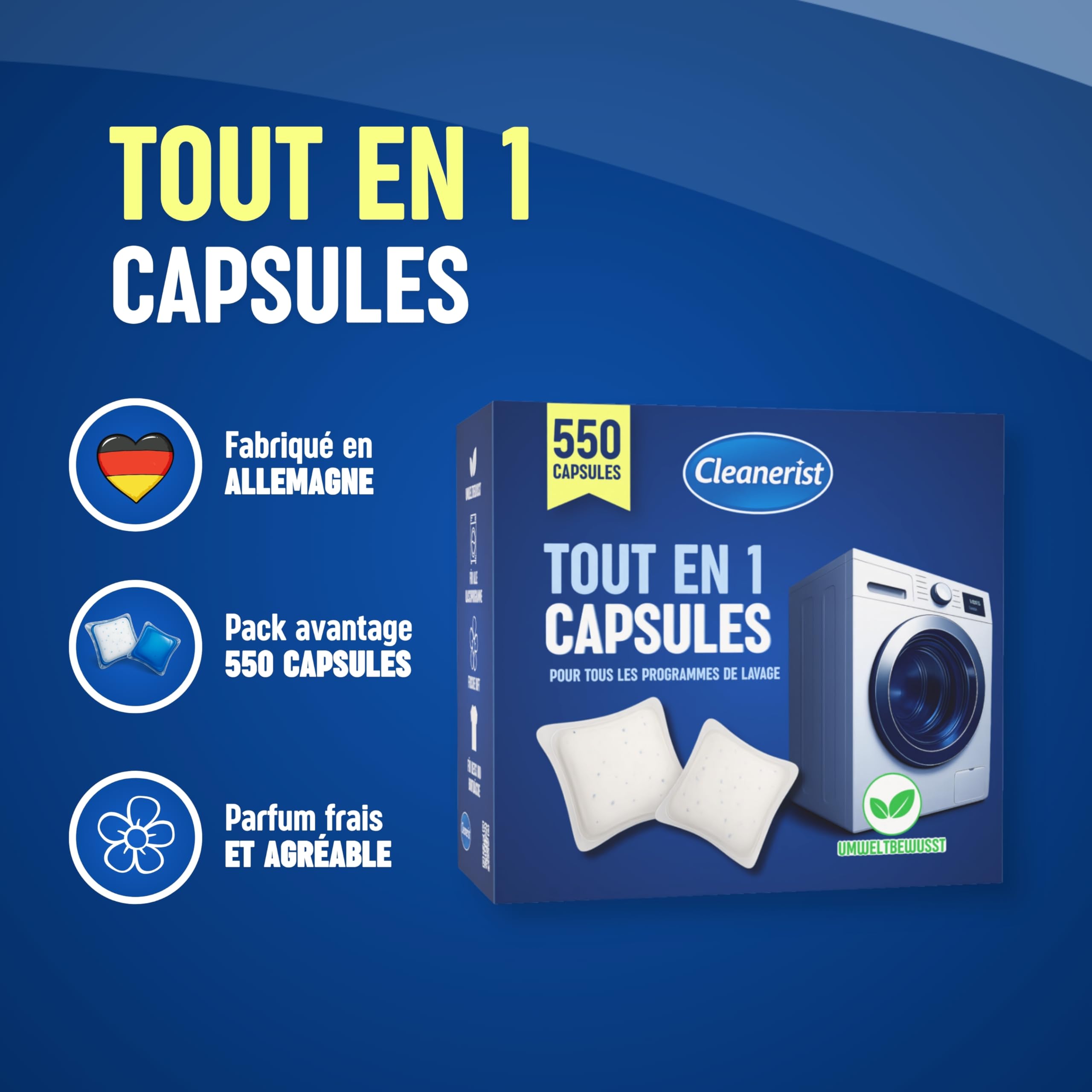 Cleanerist - Lessive en capsules tout-en-1 – 550 lavages (550 pods / 10 kg) – lessive universelle pour blanc, couleurs et linge clair – poudre soluble rapide – parfum frais