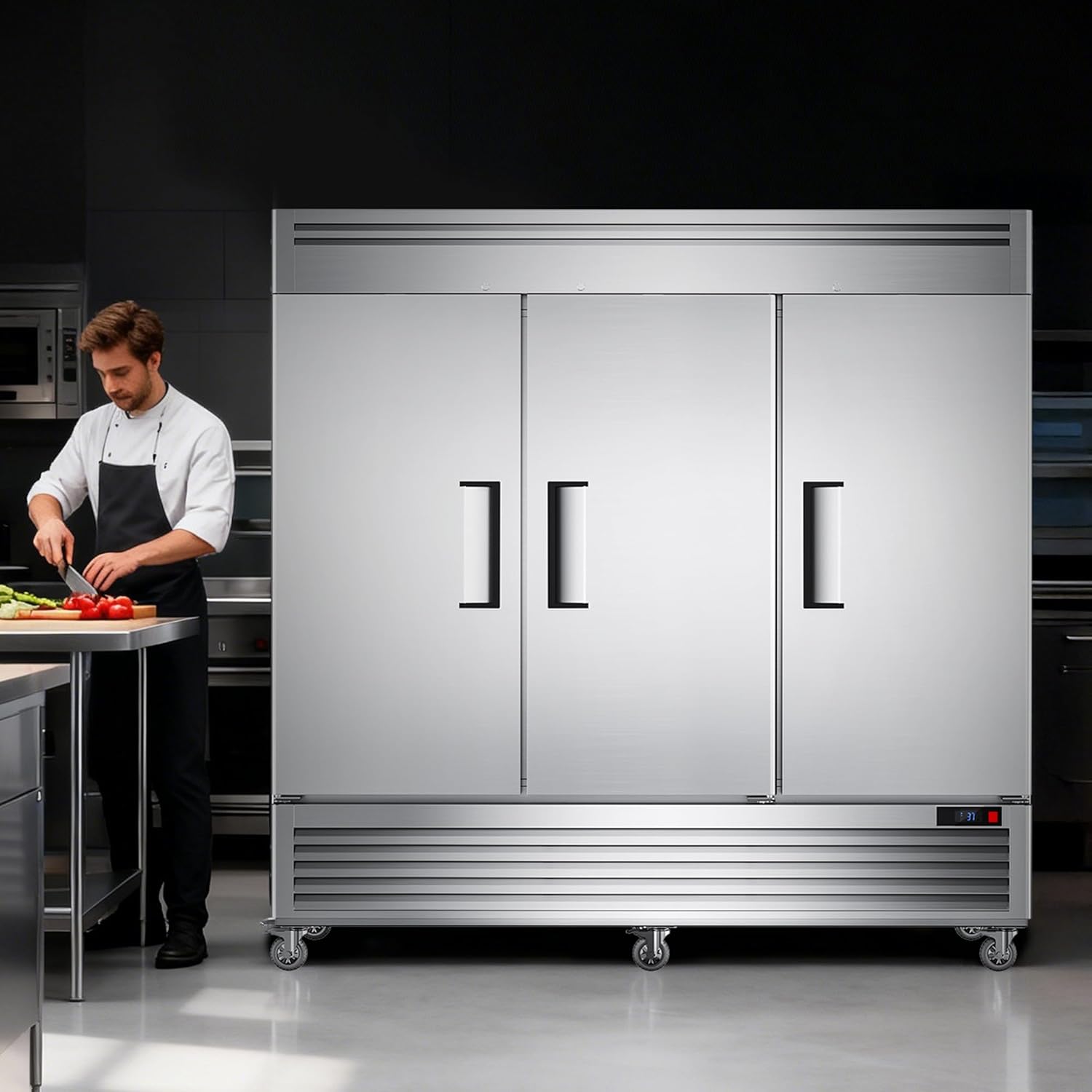 Coolake 82" Width Commercial Refrigerator 3 Solid Doors, 72 Cu.ft Stainless Steel Reach-in Upright Fridge with LED Lighting, Fan Cooling Refrigerator for Restaurant Cafe Hotel Kitchen Prep Area