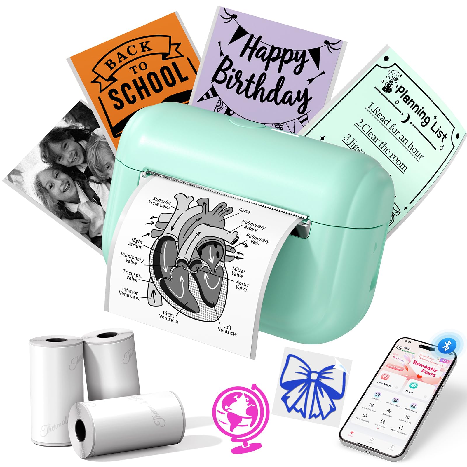 Memoking Mini Impresora térmica portátil con 3 Rollos de Papel Adhesivo, Q02E Bluetooth Impresora de Pegatinas para Estudiantes, para Notas de Estudio, Fotos, creación, anatómicos, Regalo (Verde)