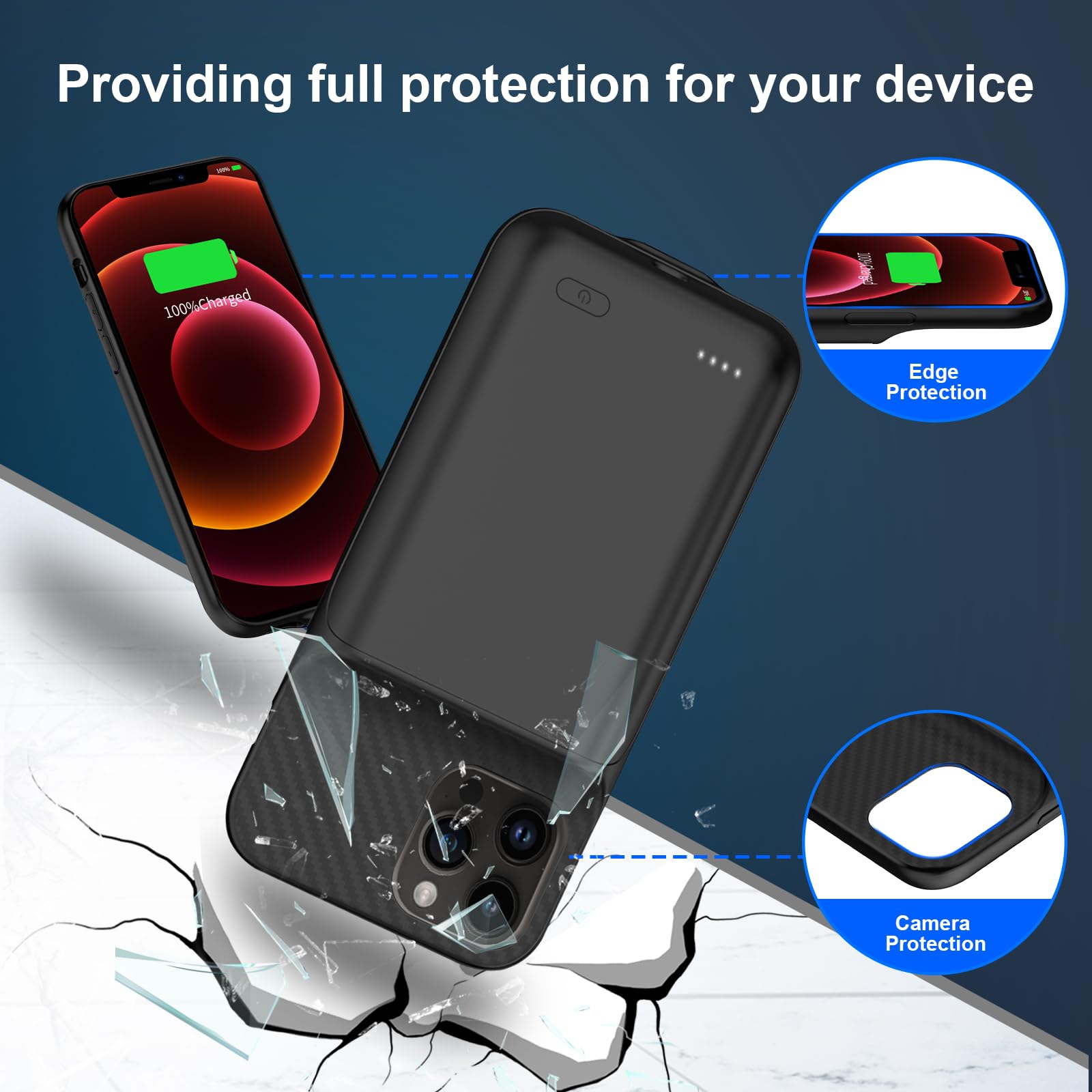 Custodia con batteria per iPhone 12/12 Pro da 6,1 pollici, 13800 mAh, ad alta capacità, con pellicola protettiva, colore nero