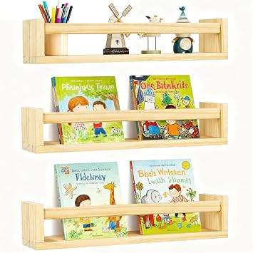 Nursery Shelves, Floating Shelves for Wall Set of 3, Wood Book Shelf Organizer for Baby Nursery Decor, Wall-Mounted Bookshelf for Kitchen Spice Rack, Kids Room, Bedroom, Bathroom