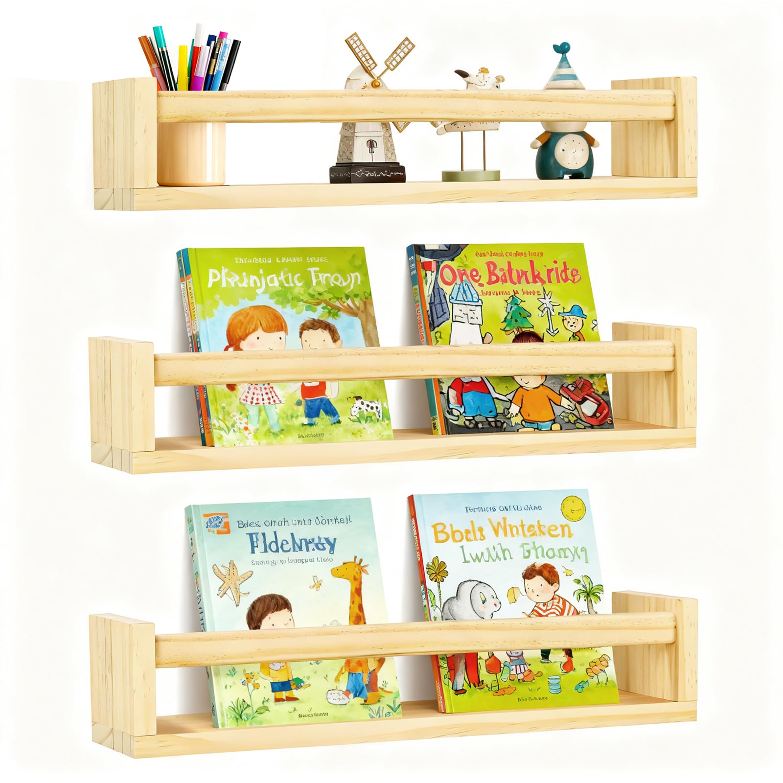 Esyhomi Nursery Shelves, Floating Shelves for Wall Set of 3, Wood Book Shelf Organizer for Baby Nursery Decor, Wall-Mounted Bookshelf for Kitchen Spice Rack, Kids Room, Bedroom, Bathroom