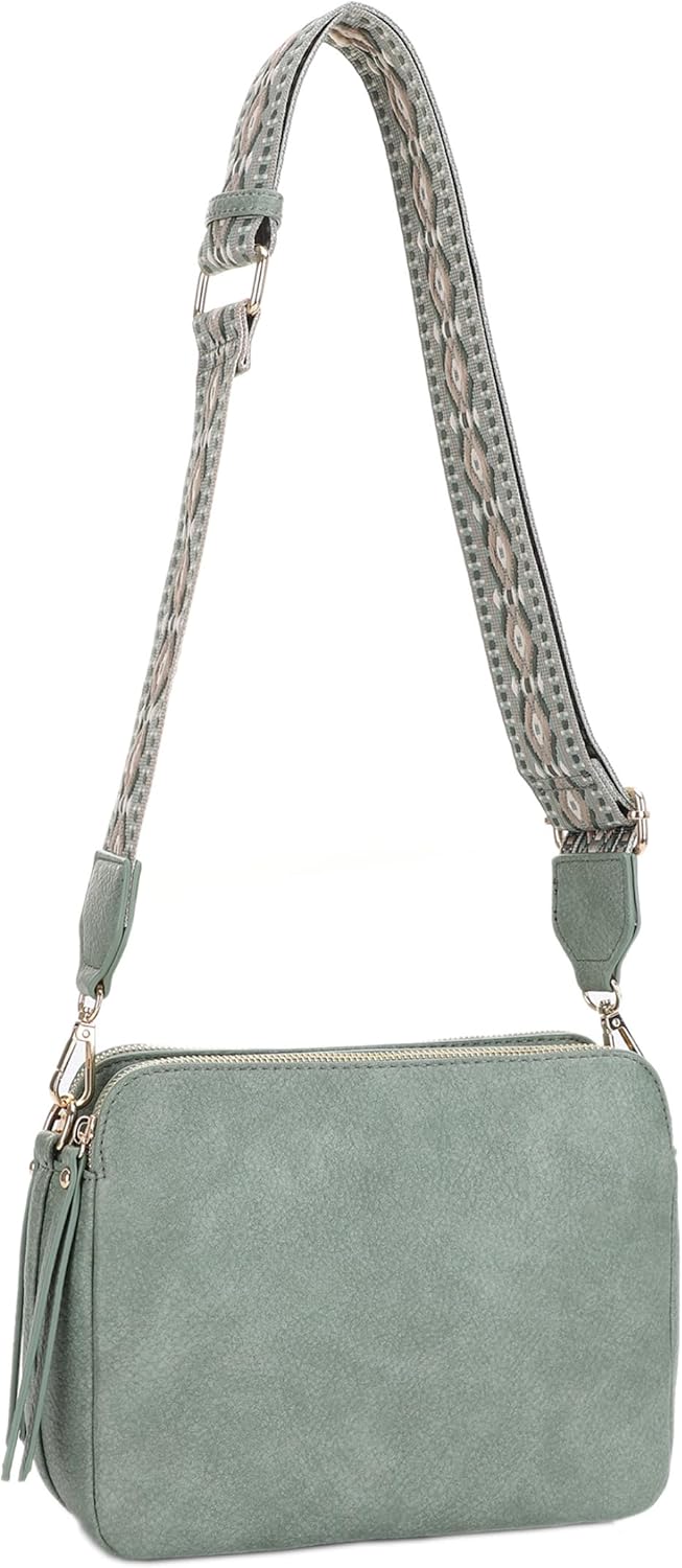 SG SUGU Triple Compartment Crossbody Bag for Women Trendy Vegan Leather Shoulder Bag with 2 inch Wide Guitar Strap