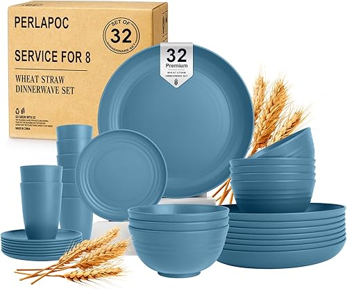 Miniatura 28 de Juego de vajilla de paja de trigo, 40 piezas, servicio para 8, juegos de platos y tazones, juego de platos irrompibles, platos llanos, platos de