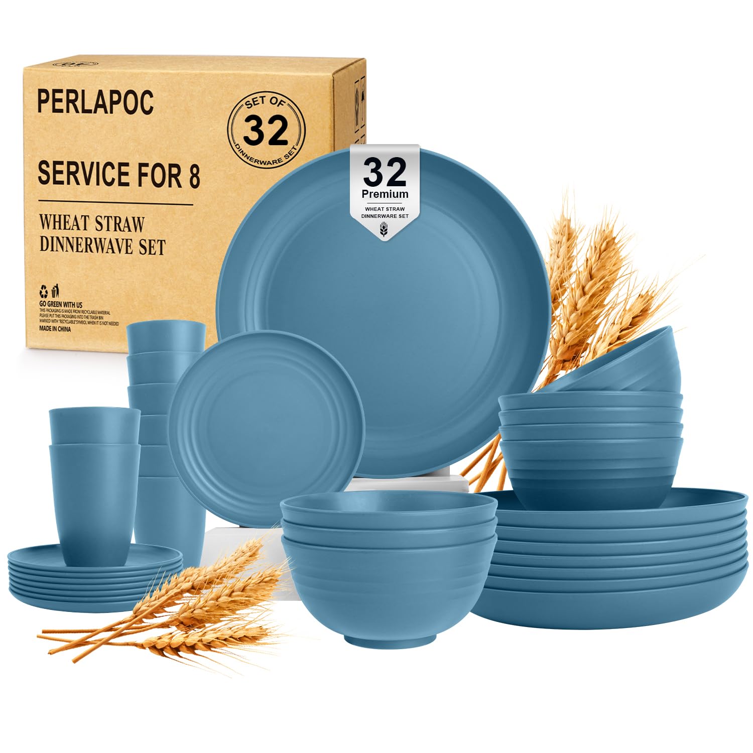 Wheat Straw Dinnerware Sets, 32 PCS Dishes Set for 8, Unbreakable Lightweight Reusable Plates and Bowls Sets for Kitchen Outdoors RV Camping Patio, Dishwasher &amp; Microwave Safe - Blue