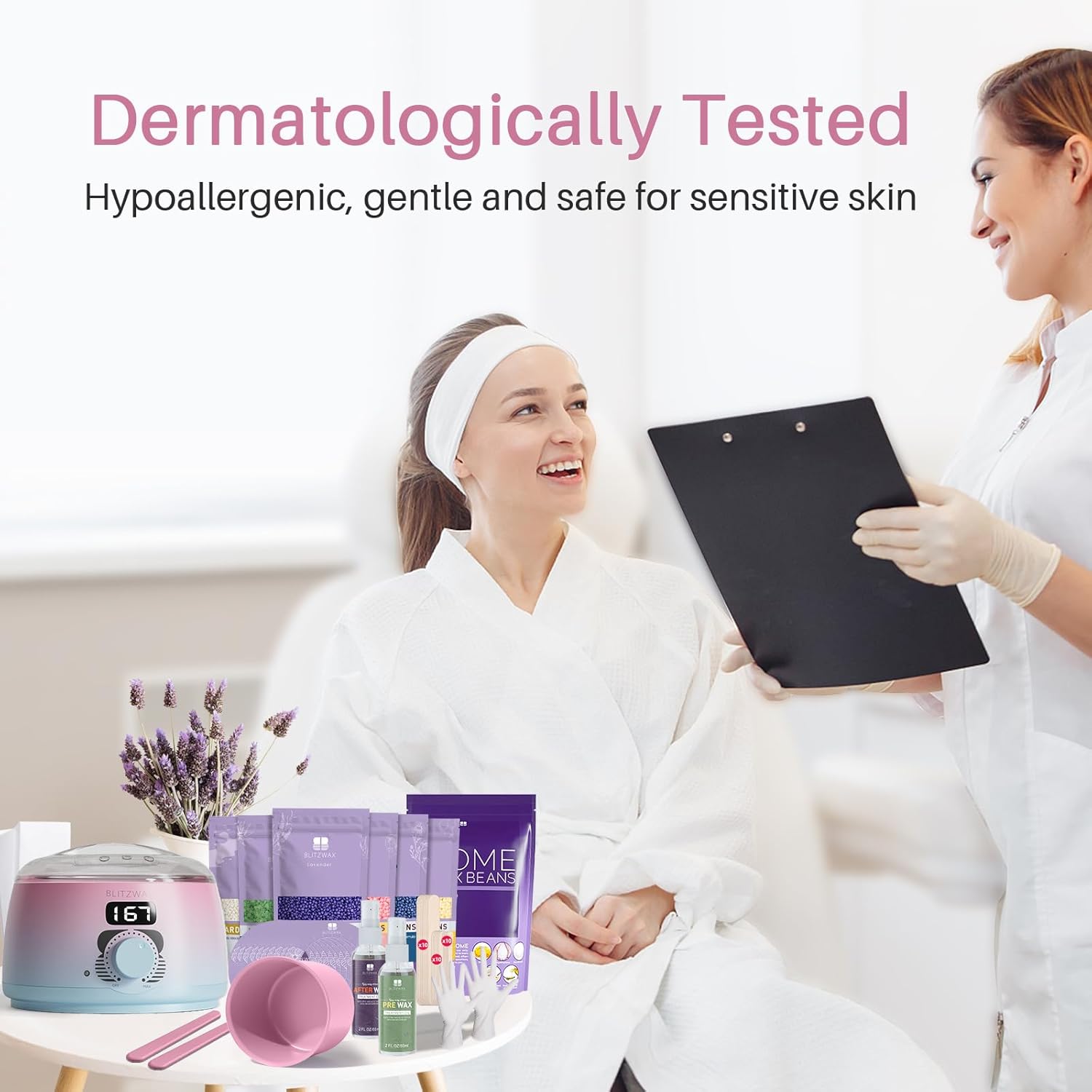 BLITZWAX Brazilian and Bikini Waxing Kit with 1lb Lavender Wax Beads, Digital Wax Warmer for Face, Legs, Body, Beginner Friendly, At Home Hair Removal Kit for Women, 7 Packs Wax Beans